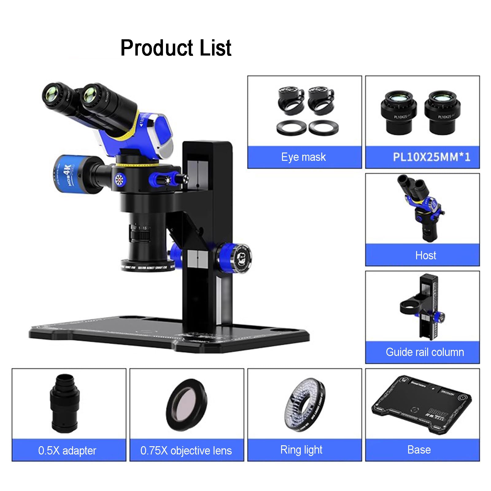 Mikroskopy lornetkowe, profesjonalny mikroskop laboratoryjny 7-45X, z okularami PL10X25, soczewką pomocniczą 0,75x, światło pierścieniowe LED, dla studentów, dorosłych i początkujących