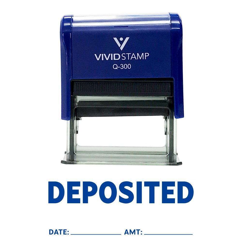 DEPOSITED with Date Amount Line Self Inking Rubber Stamp (Blue Ink) - Large
