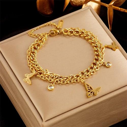 MIYU -Pulsera De Acero Inoxidable 316L Para Mujer Brazalete De Mariposa De Color Dorado Cadena De Muneca De 2 Capas Regalos De Joyeria