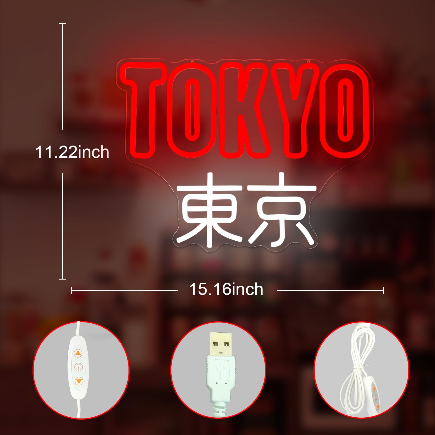 Tokyo Panneau néon japonais à LED pour salle de jeux alimenté par USB - Art japonais Kanji pour chambre à coucher, bar, grotte d'homme, cadeau pour amis