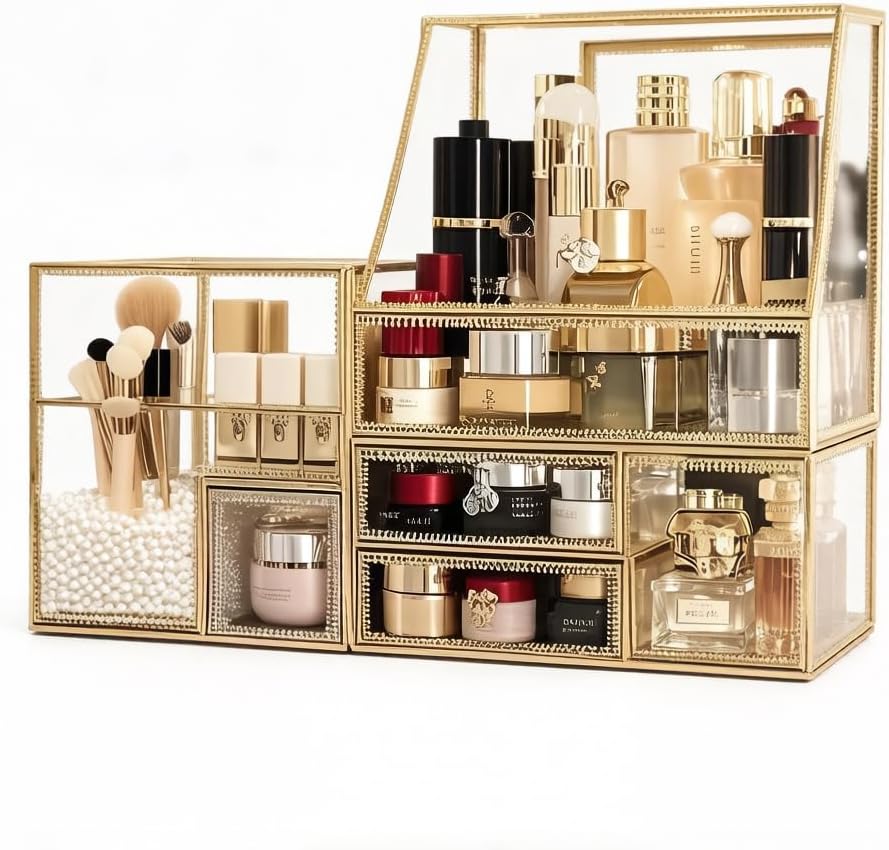 Luxury Glass Makeup Organizer Antique Bronze Metal Frame, Clear Vanity Countertop Storage Case for Cosmetics, Skincare, Perfume, Jewelry, Brush Holder & Drawers for Bathroom, Bedroom, Dressing Table