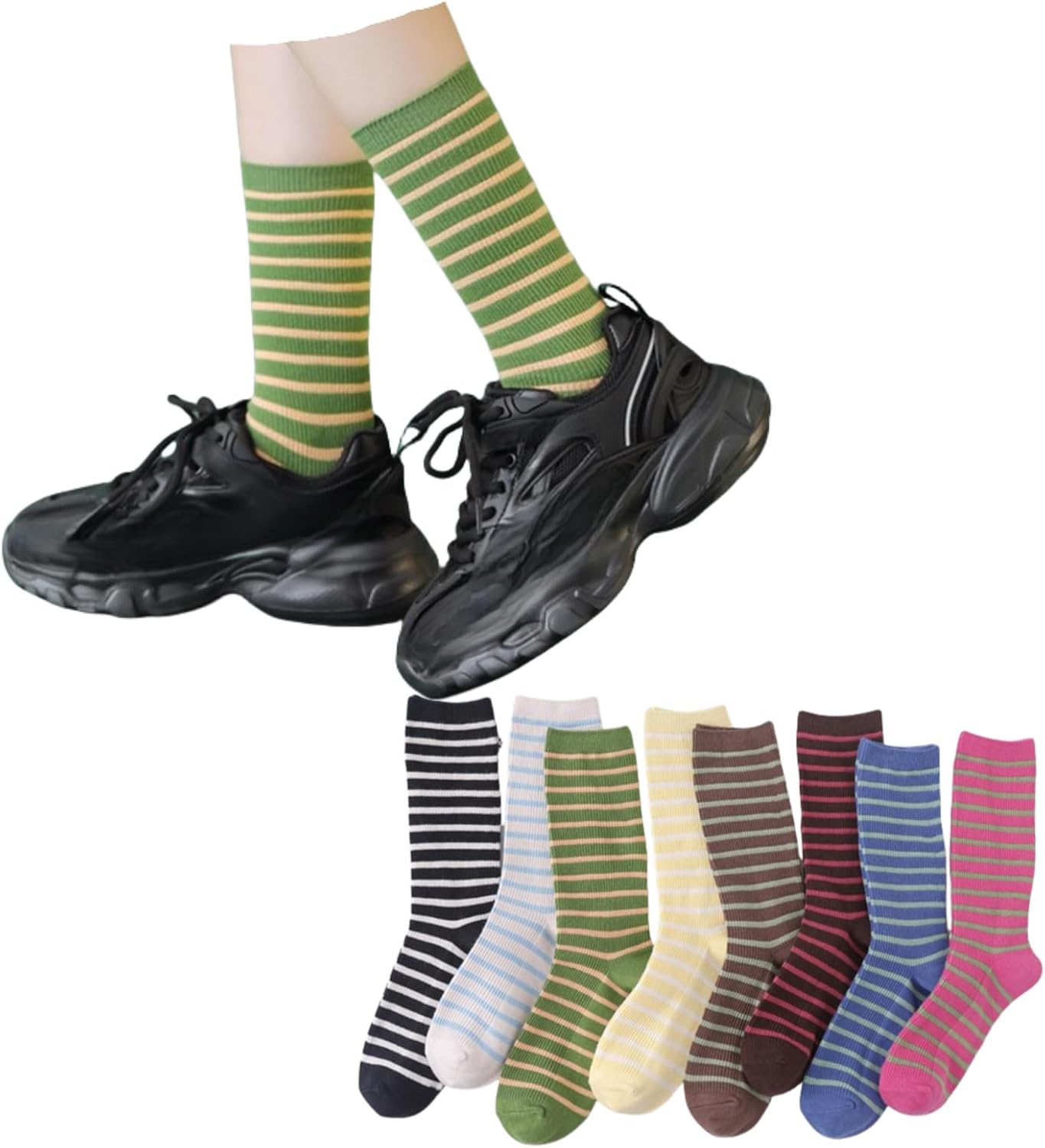 Striped Socks High Ankle Women Cotton 8 Pairs Double-Needle Retro Style Cute Casual Crew Socks
