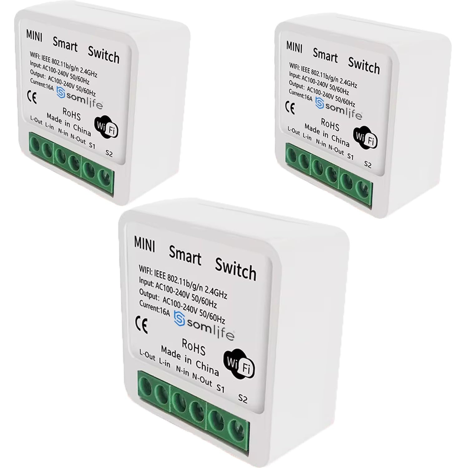 SomLife Interrupteurs Intelligents WiFi 16A MiniSmart Switch Wi-​Fi connecté, Application Tuya/​SmartLife, Alexa, Google Home