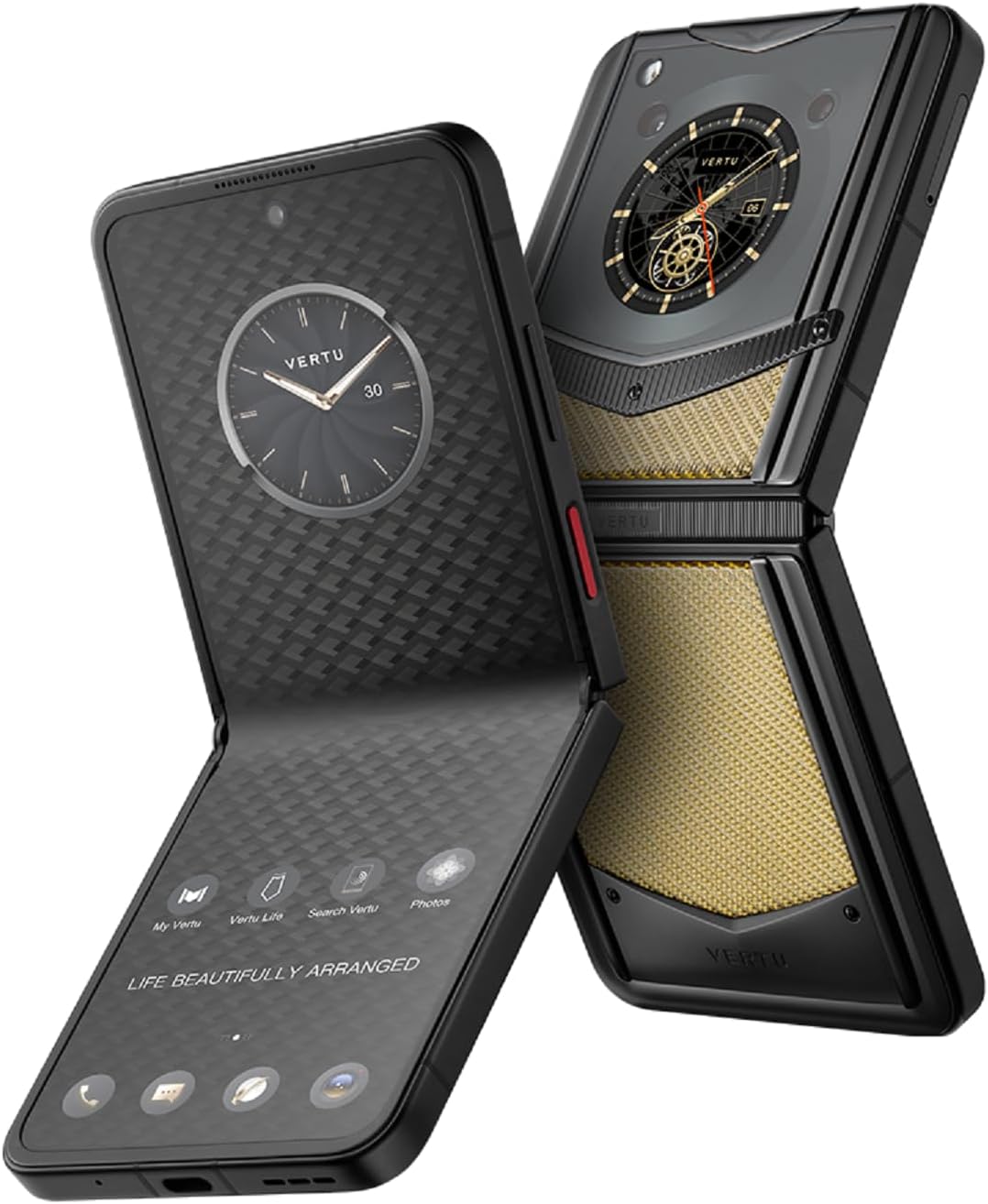 VERTUIRONFLIP Custom Carbon Fiber Flip Cell Phone, Unlocked Android 5G Smartphone, Foldable Design, One-Hand Control, 50MP Camera, 12G+512G, Dual SIM, 6.9" 120Hz OLED, Fast Charge (Phoenix Gold)