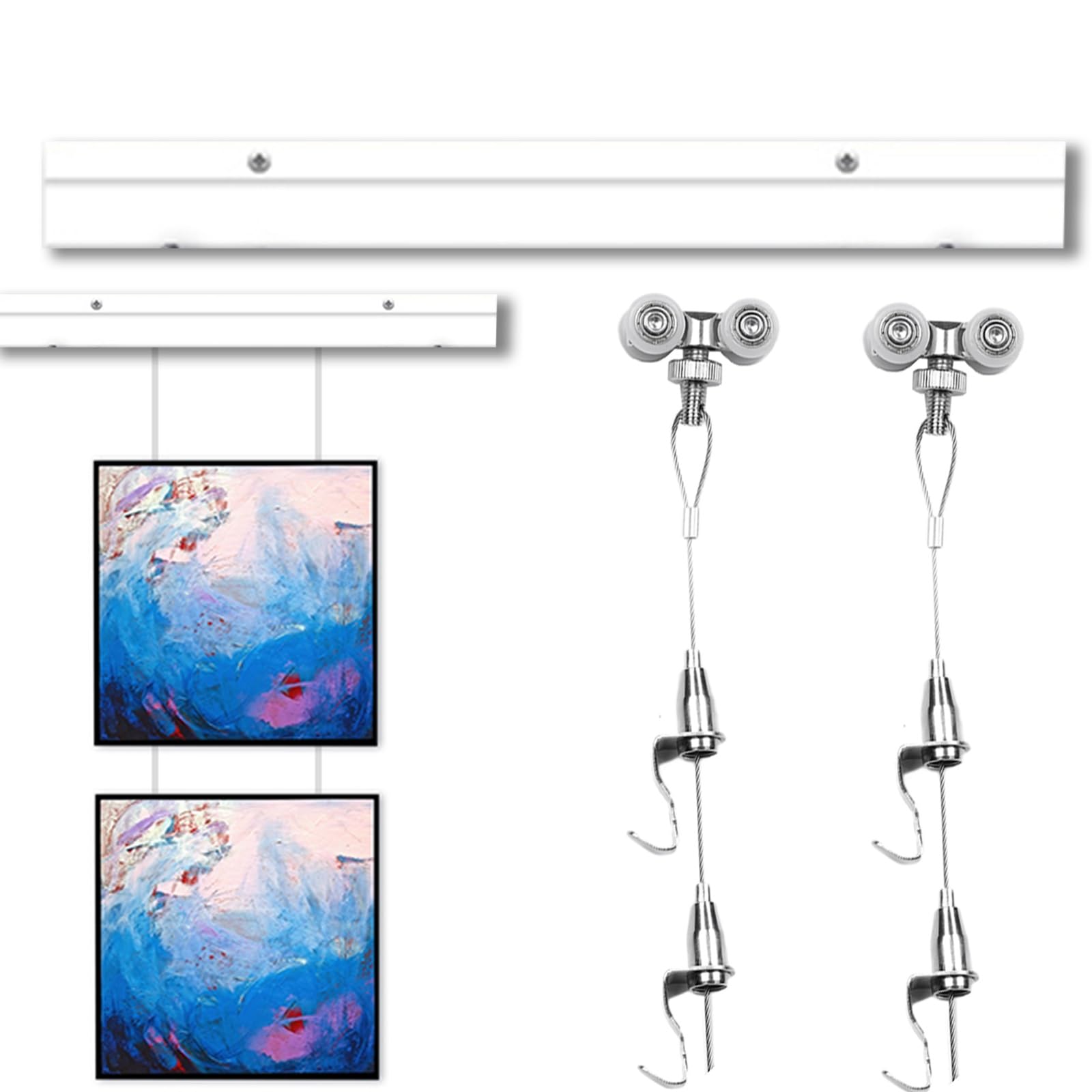 Sistema de rieles para Colgar Cuadros en galerías, Kit de Aluminio Resistente con Ganchos Ajustables y Cuerdas de Acero para exhibición de Arte en la Pared.