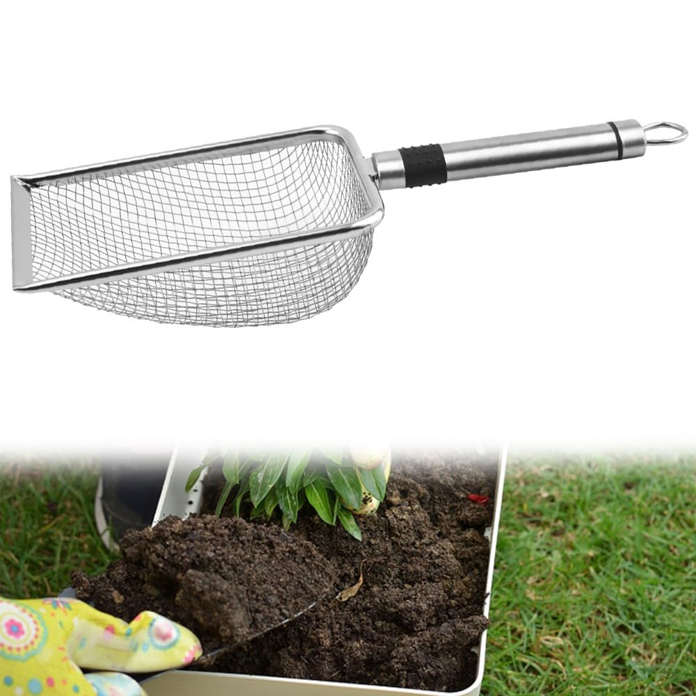 BildeeMait Multifunctional Stainless Steel Soil Sieve 2mm to 5mm Mesh Garden Shovel for Compost and Sand Preparation Lightweight White