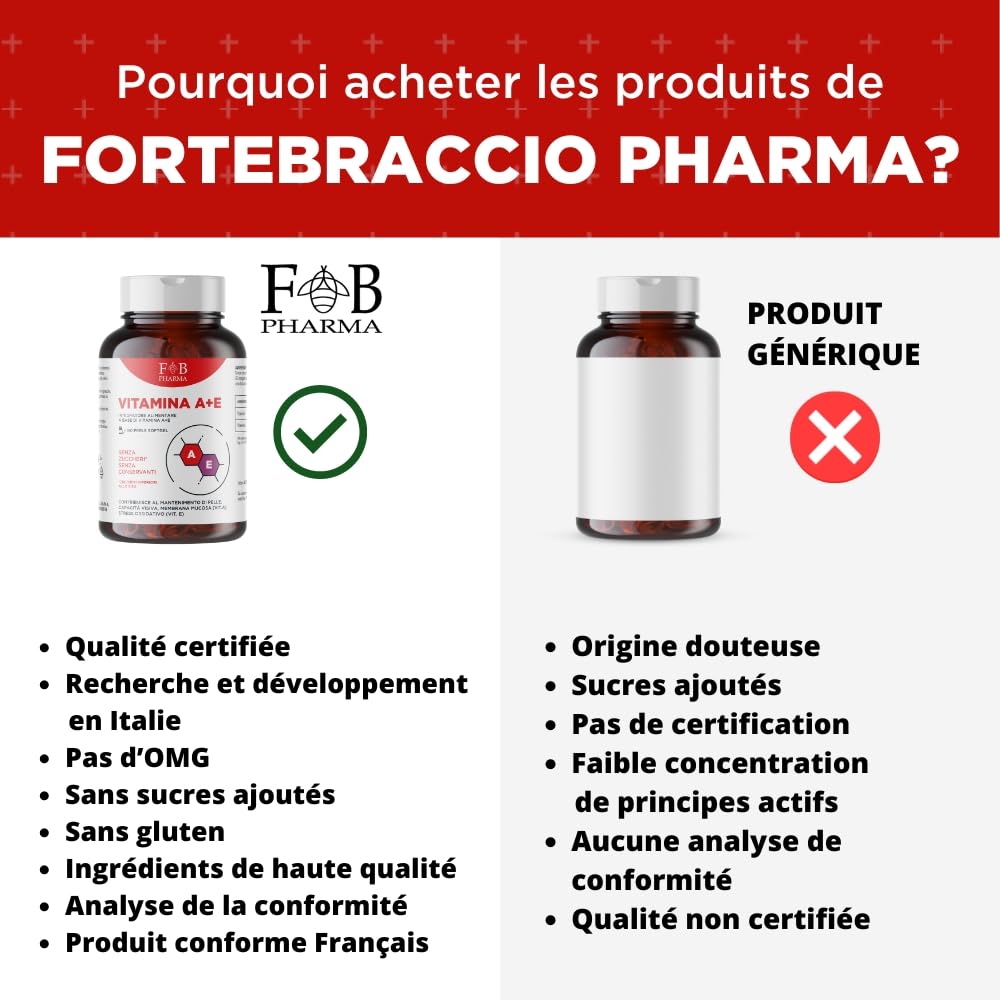 FB PHARMA - Complément alimentaire de VITAMINE A 1000mcg + VITAMINE E 47mg - 180 perles en SOFT GEL - pour le maintien de la VUE, de la PEAU et des CHEVEUX normaux