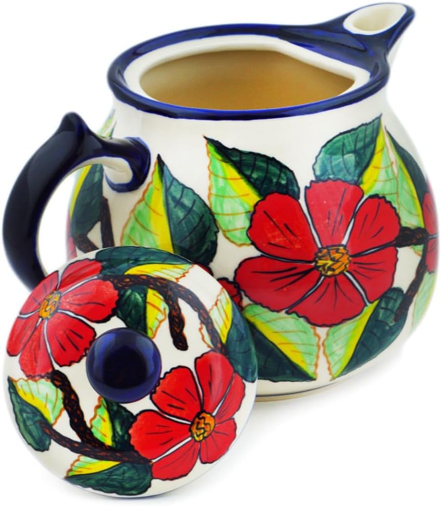 Polmedia Polish Pottery Tea or Coffee Pot UNIKAT - Poinsettia Paradise Pattern Handmade in Boleslawiec Poland + Certificate of Authenticity
