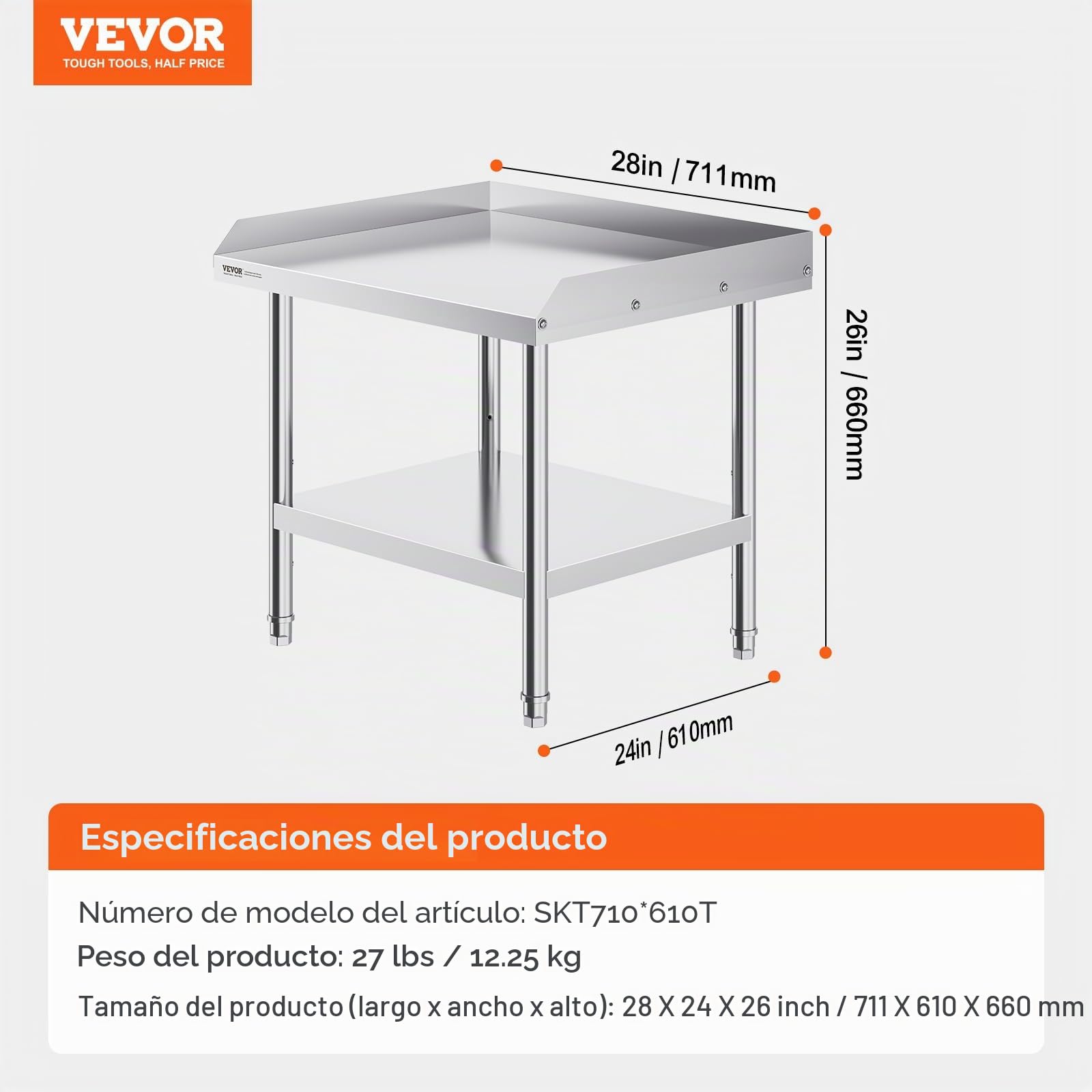 VEVOR Mesa de Trabajo de Acero Inoxidable Mesa de Trabajo Comercial para Preparación de Alimentos Protector contra Salpicaduras de 3 Lados 610 x 711 x 660 mm Altura Ajustable para Restaurantes