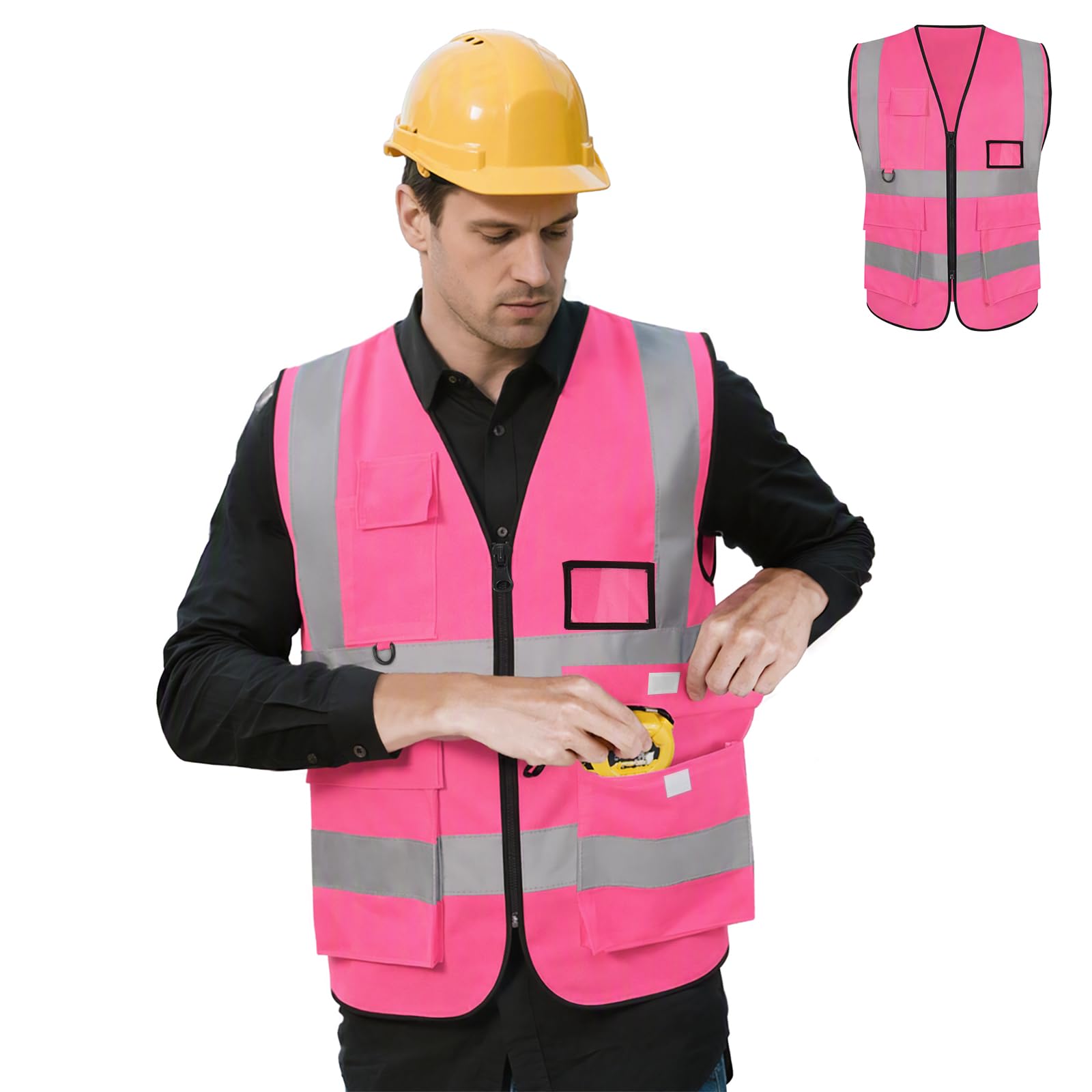 Adiwo Pocket Reflective Vest, High Visibility Reflective Safety Jacket, Hi Vis Vests for Women Men with Zipper, 5 Pockets, 2 inch Reflective Strip, ID Holder, for Construction, Oudoor, Cycling, 3XL