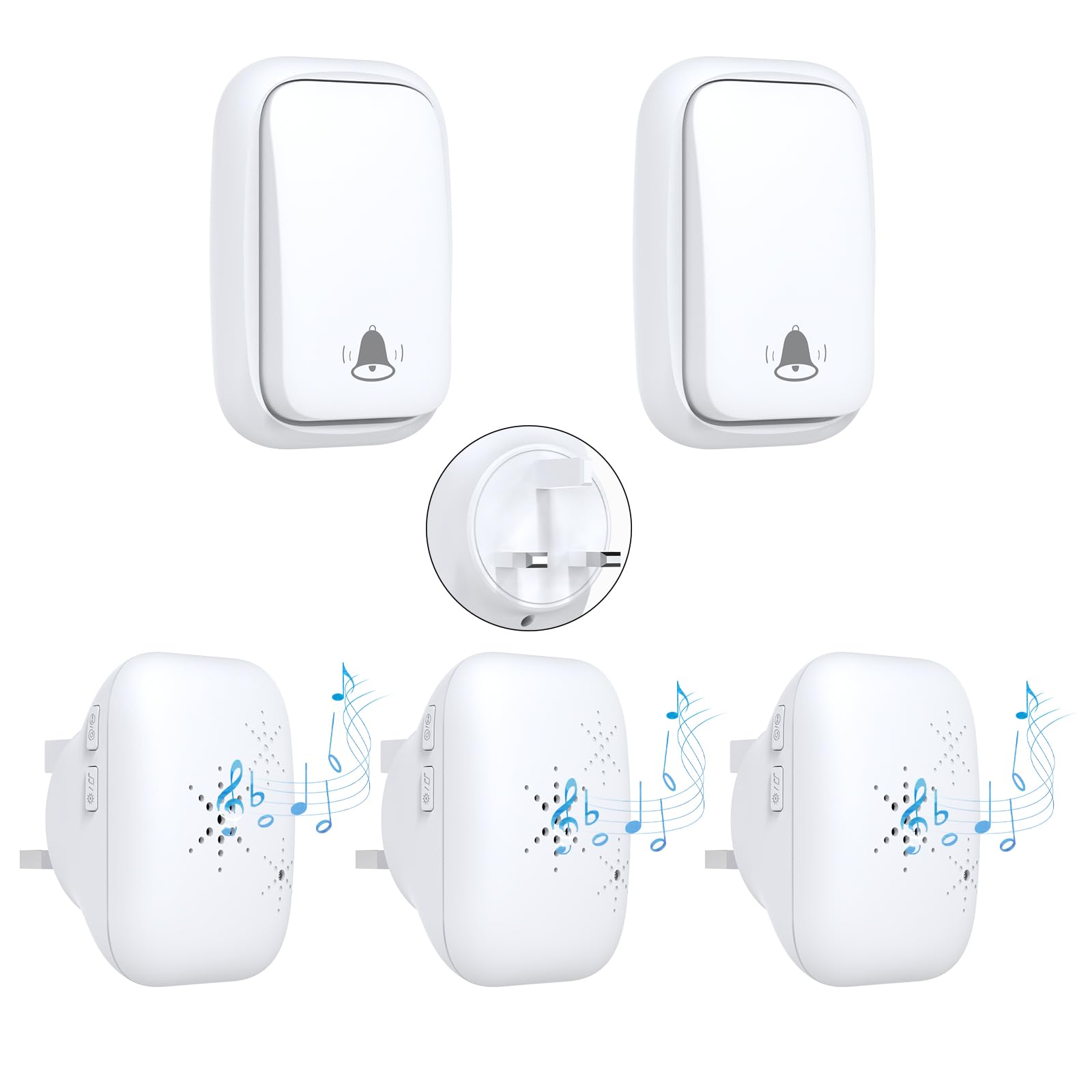 Cerhot UK Plug Self Powered Wireless Doorbell No Battery 150M Distance 38 Songs Door Bell Button Outdoor Doorbell Wireless Waterproof for Home School Office (UK 2V3 White B)