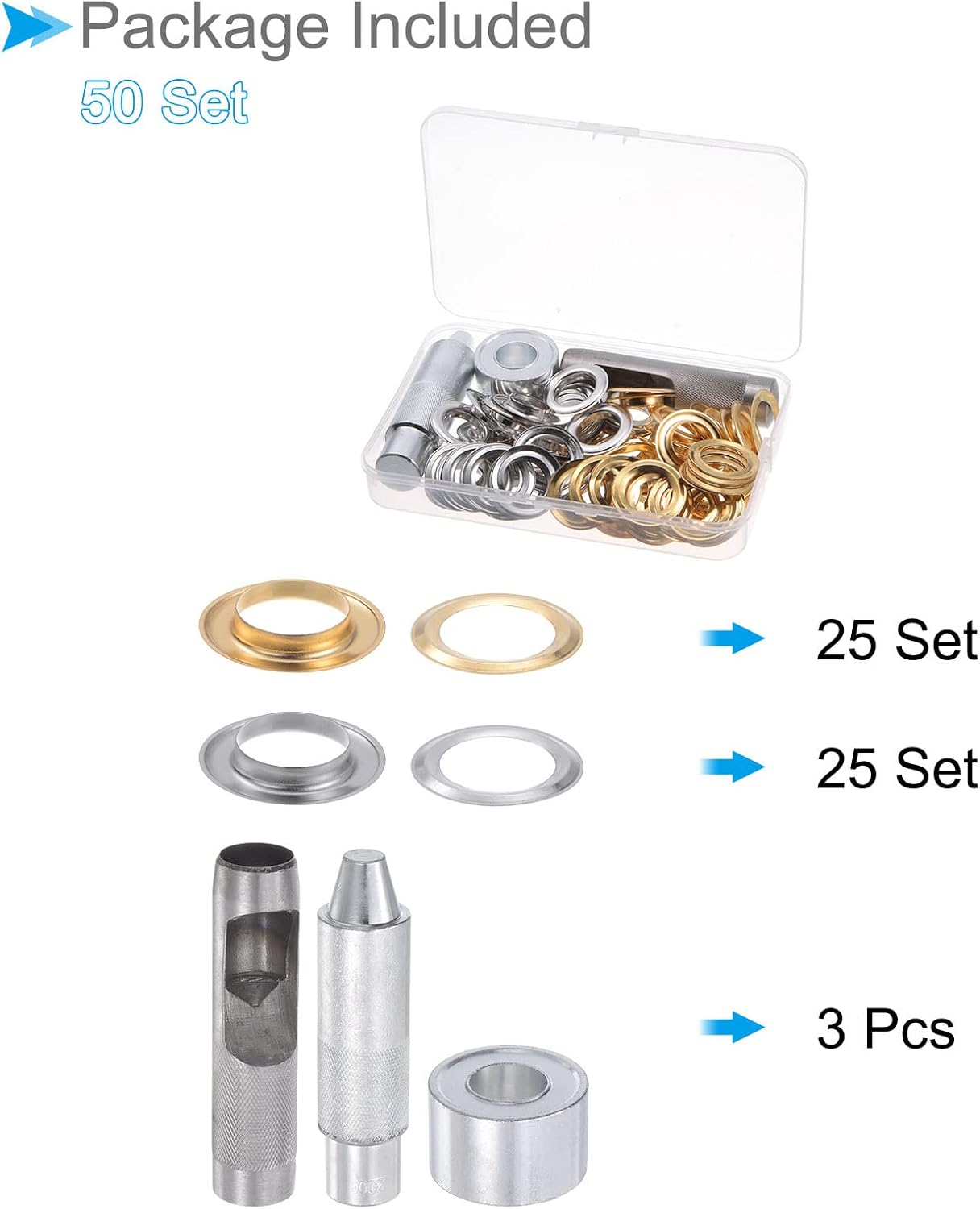 CoCud Grommet Tool Kit, 20mm 3/4" ID, Copper with 3 Setter Tools & Storage Box Metal Grommets Eyelets Kit 2 Colors - (Applications: for Belts Tents Shoes Clothes Leather DIY), 50-Set