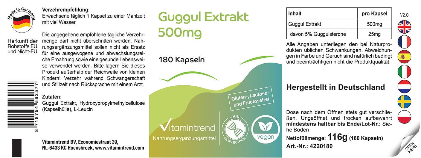 Vitamintrend Extrait de Guggul 500 mg, 180 gélules, 5% de guggulstérones, hautement dosé, végétalien sans stéarate de magnésium, fabriqué en Allemagne