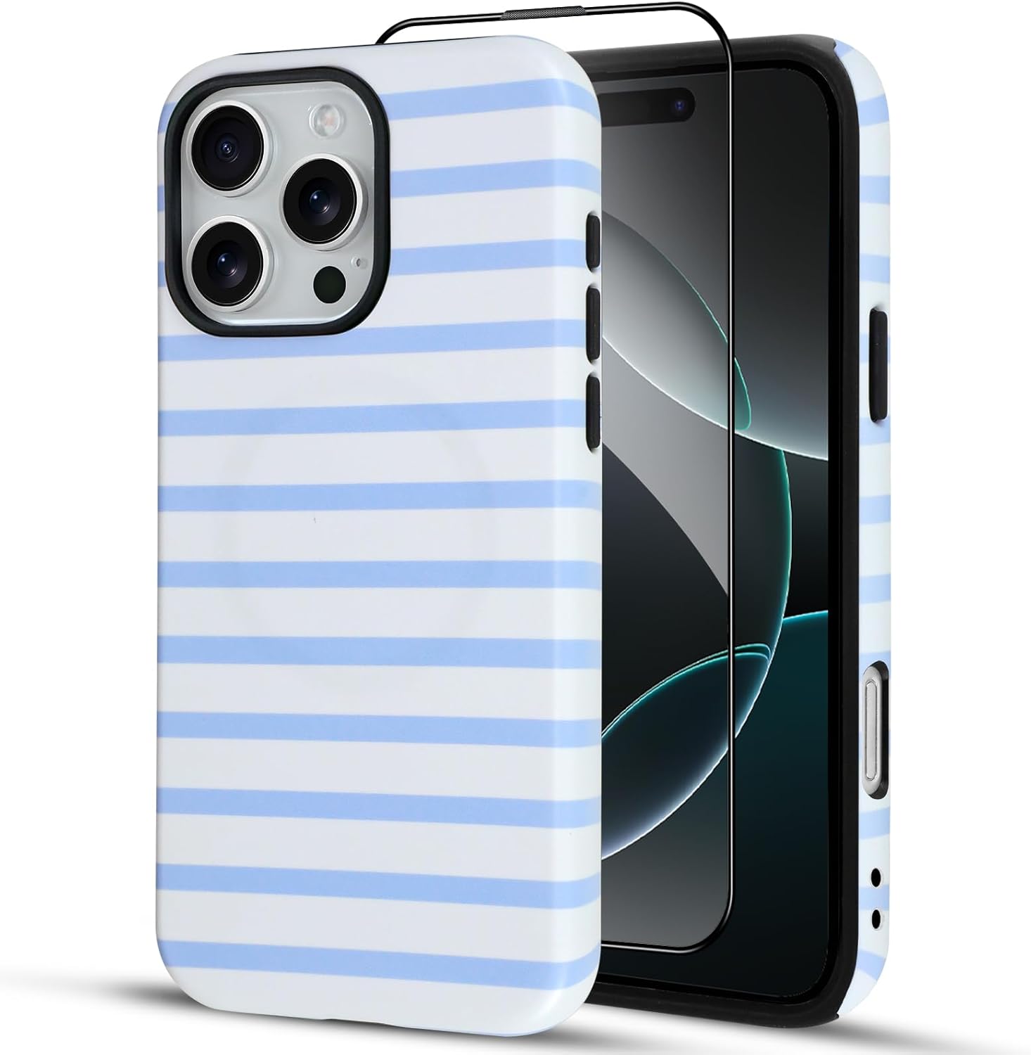 SOKAD Magnetic Horizontal Stripes Phone Case for iPhone 16 Pro Max, Cute Light Blue Striped Line Pattern Compatible with Magsafe Matte Protective Case Cover with Screen Protector for Girls Women - Image 2