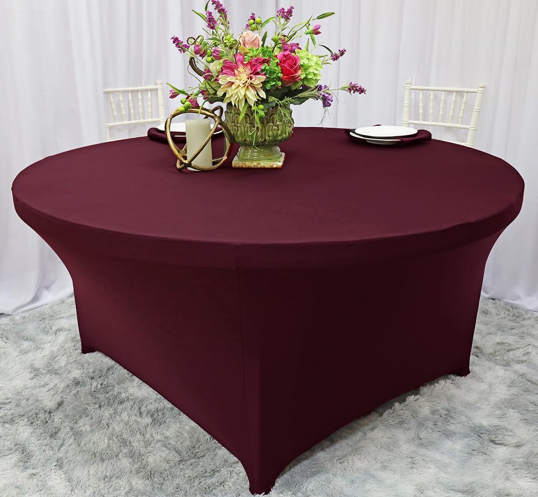 Htper Burgundy Spandex Round Tablecloths - 6 Pack For 72in Tables, Stretchy Fitted Cover, Wrinkle Free