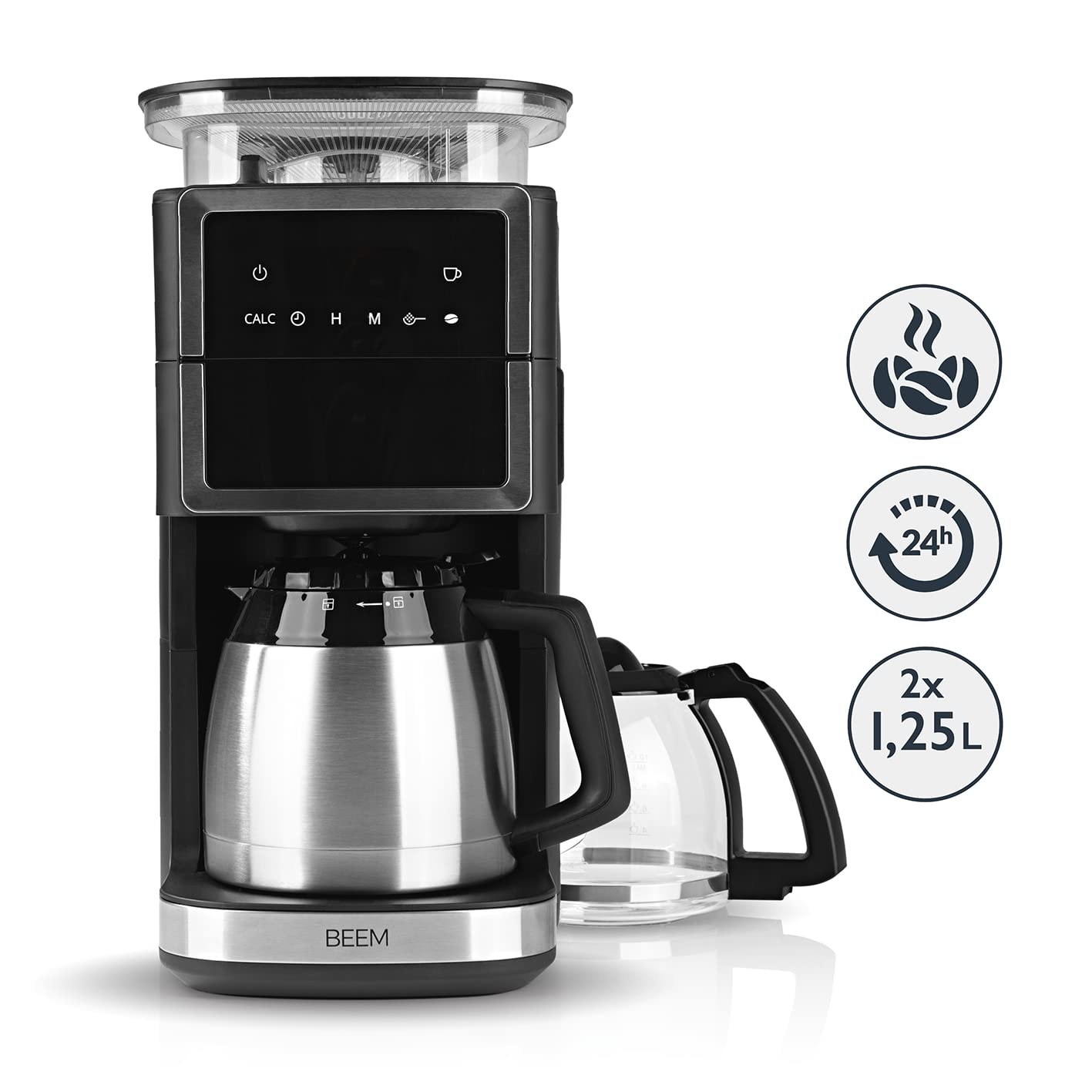BEEM FRESH-AROMA-PERFECT III Caffettiera filtro con macinino - Duo | Con caraffa sottovuoto e caraffa di vetro | Macinino a cono e funzione Aroma Plus | Timer 24 ore | 1000 W | Fino a 10 tazze
