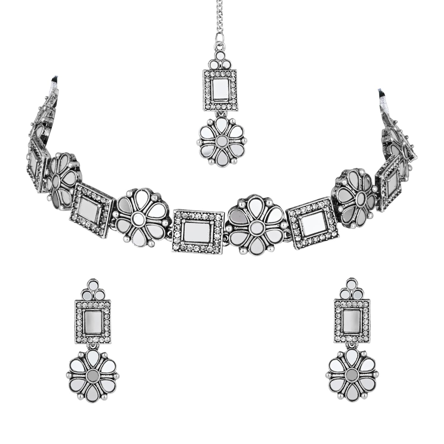 Silver Oxidised Square Shaped Floral Design Choker Necklace Jewellery Set With Earrings For Women (MC201Z)-image-4