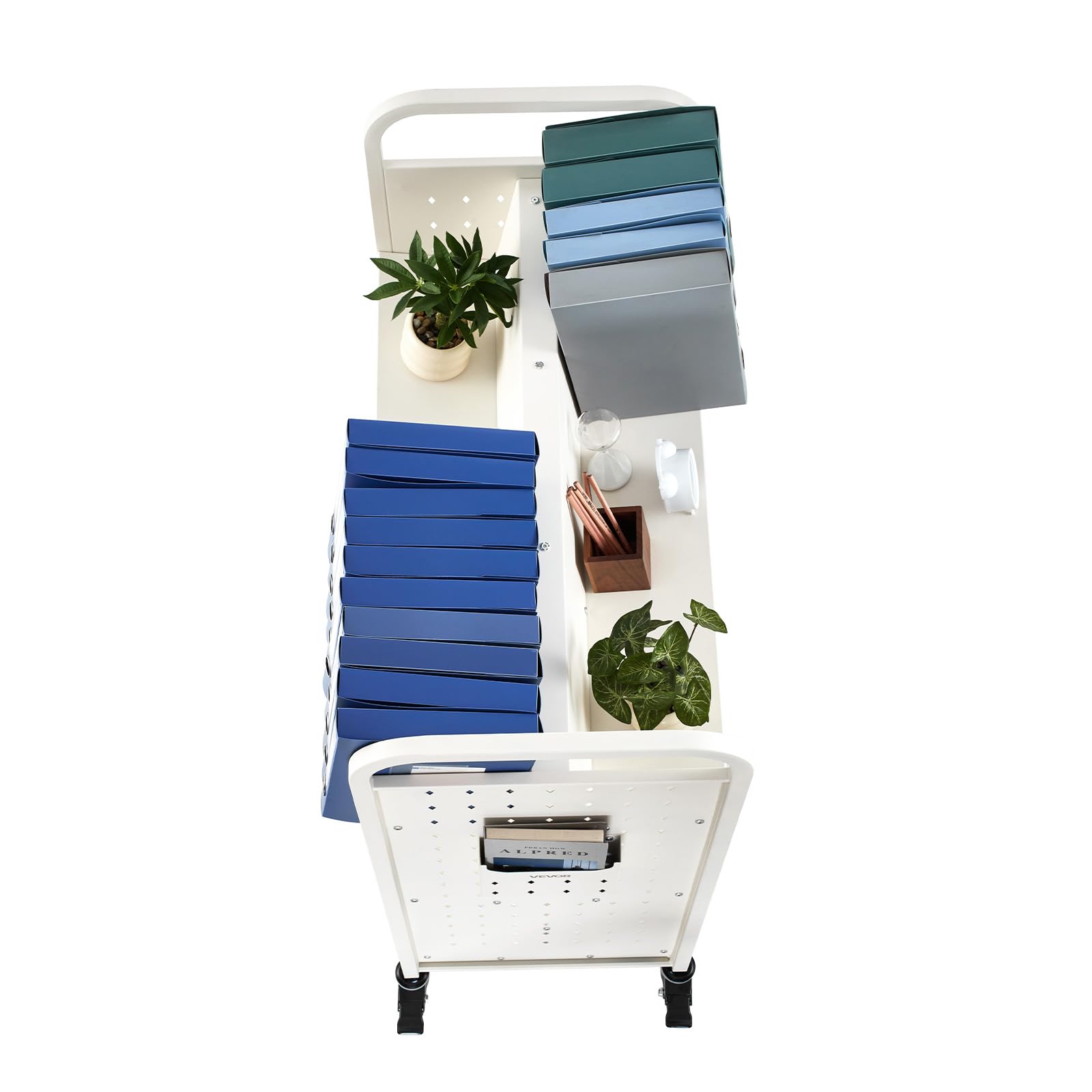 VEVOR Carro para Libros de 3 Niveles Estantería de Libros con Ruedas 97 x 51,5 x 122,5 cm Estante de Almacenamiento en Forma de W Doble Cara Carro Rodante para Biblioteca, Oficina, Escuela, Blanco
