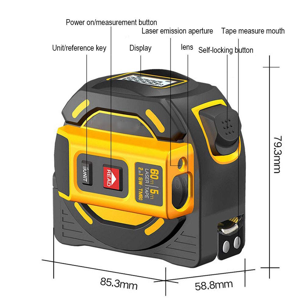 2 in 1 Tape Measure Telemetro Laser, Metro A Nastro 16,5 Ft / 5 M, Telemetro Laser 196.85 Ft / 60 M, HD E Display LCD, Autobloccanti, Hook Attivo, Adatto Per DIY
