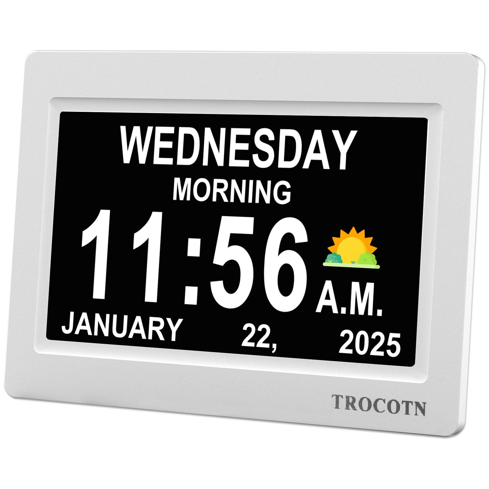 TROCOTN 7 Inches Calendar Clock Dementia Clock Large Display Alarm Clock with Auto DST for Seniors, 5 Display Modes Large Font Digital Clock with Custom Alarms Day Date Clock Wall Clock(White)