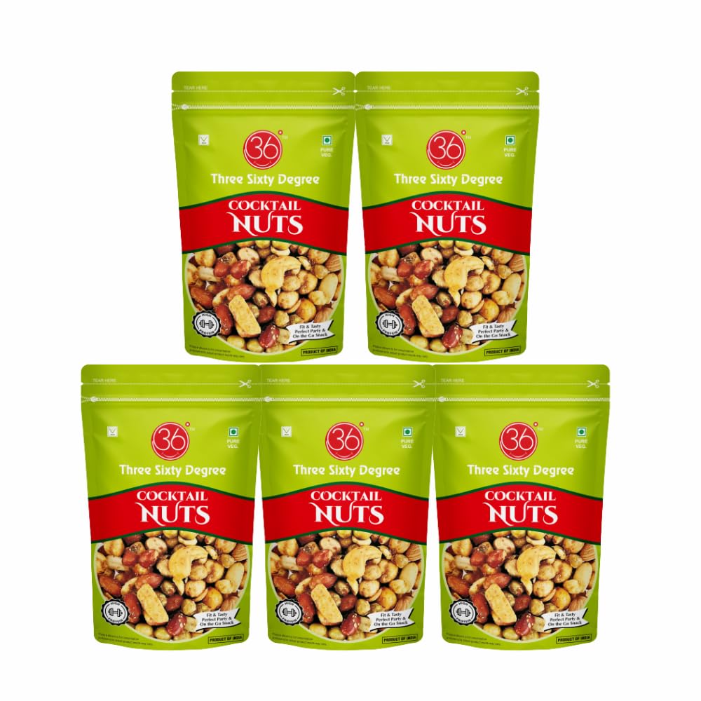 360 Three Sixty Degree Cocktail Nuts Zipper | Mixed Nuts, Chickpeas, Almonds, Cashews | Salty Kaju Badam, Chana, Khara Sing Mungfali | Crunchy & Tasty High Protein Snack | Healthy Snacks | 5 Packs x 150 Grams = 750 Grams