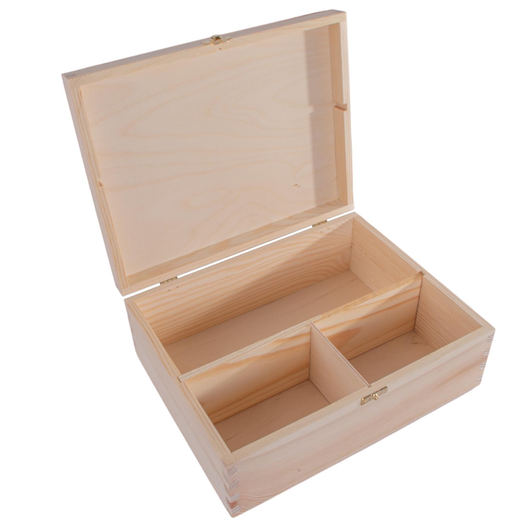 WooDeeDoo Wooden Storage Box with 3 Compartments and Hinged Lid 30 x 23.5 x 10.5 cm – Gift Chest for Whisky Bottle Chocolates Art Supplies Accessories or Personalised Decoration