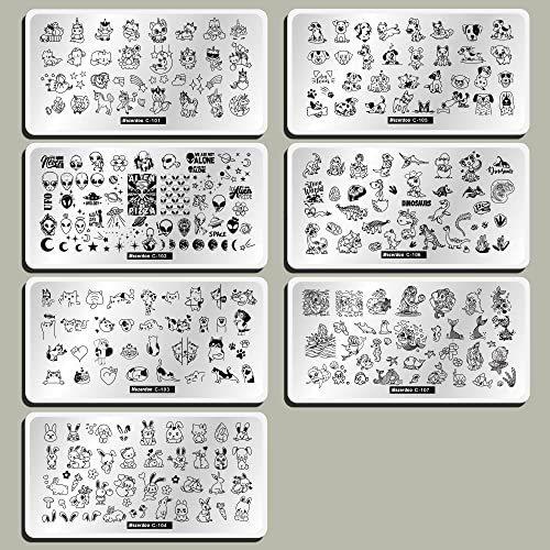 Cat Puppy Unicorn Nail Stamping Plate Kit Set, 7Pcs Star Heart Cute Animal Design Nail Stamper Plate Rabbit Dogs Mermaid Image Stamping Plates Alien Dinosaur Nail Art Stamp Templates Stencils Tools #TOP5