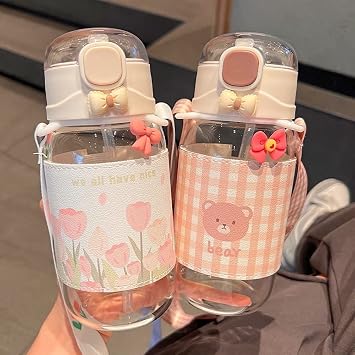 Aesthetic Water Bottle with Straw and Strap 16oz Cute Kawaii Water Bottle with 3D Stickers DIY Spring Tulip Water Bottle for Kids Sports School Teen Girls Women Leakproof Silicone BPA Free Plaid Bear