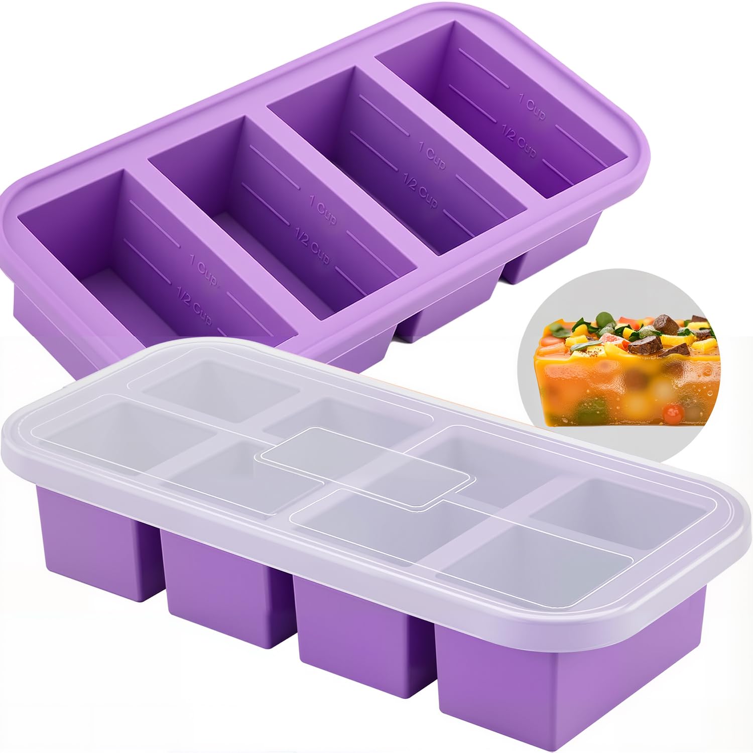 2 PACK Silicone Freezer Tray with Lids - 1 Cup