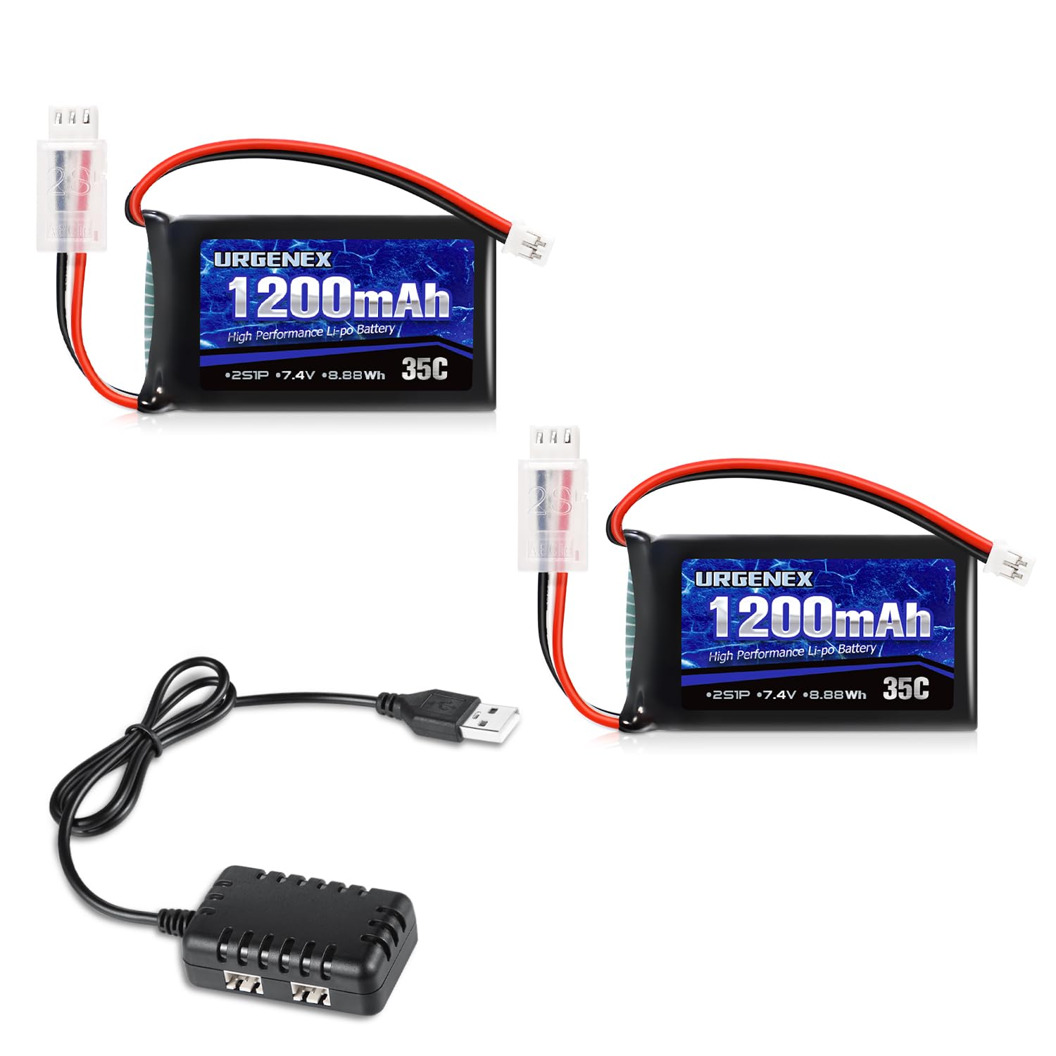URGENEX SCX24 Battery 7.4V Lipos 2S 35C(Burst 70C) 1200mAh Rechargeable Lithium Battery with PH2.0 Plug Compatible with Most 1/10, 1/16, 1/18, 1/24 Scale RC Cars Trucks with 1TO2 USB Charger