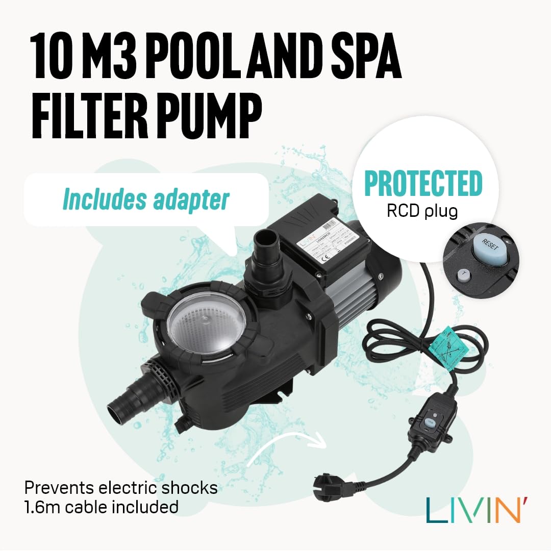 LIVIN' Pompa per piscina da 250 W, filtro per piscina LIV425RCD in piscina, accessorio per piscina con alta 10 m, Hmax – 65 dB, bassa rumorosità, pompa per piscina, impianto di filtraggio dell'acqua