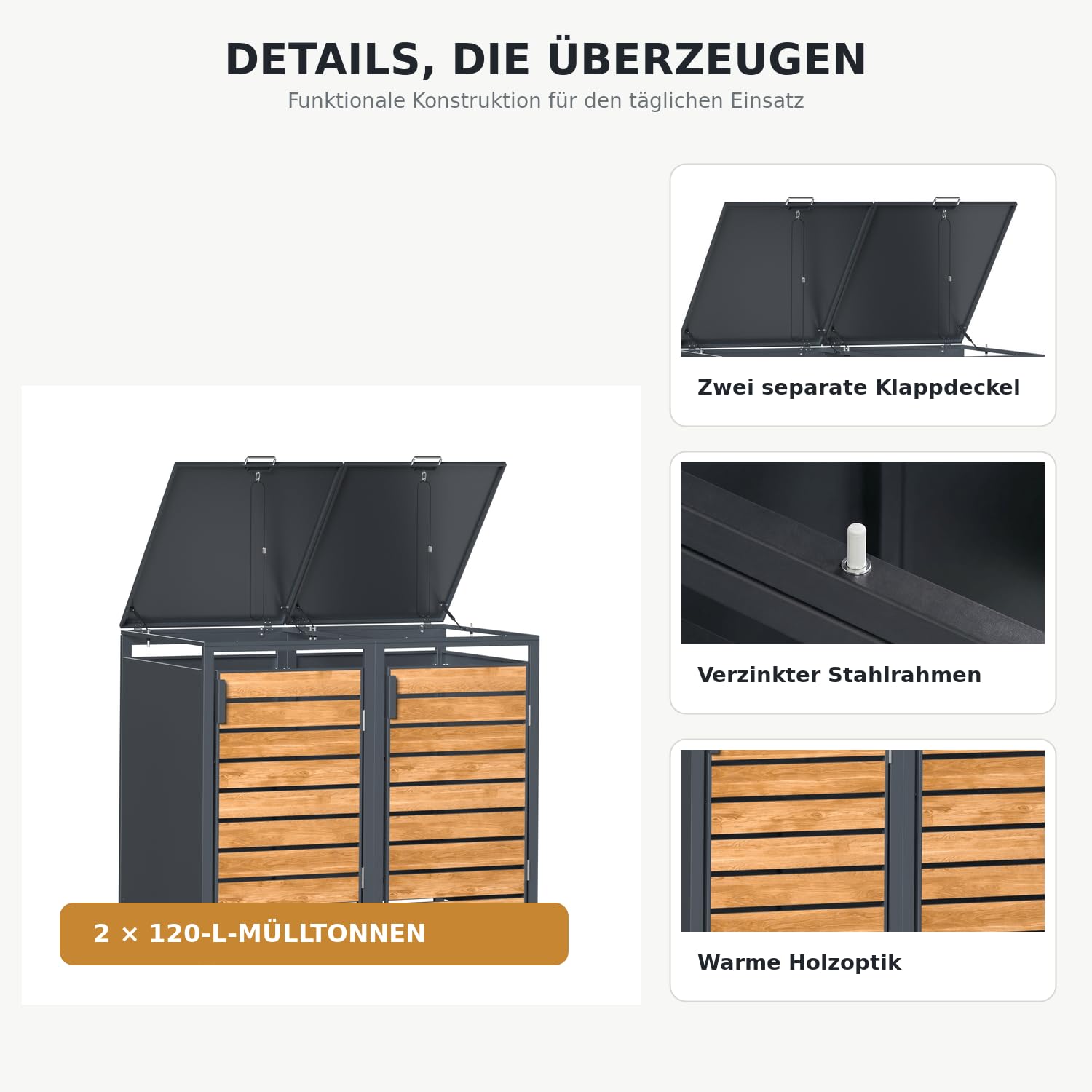 JOMO Mülltonnenbox 2er 120L mit Holzoptik, Mülltonnenhaus aus verzinktem Stahl für 2X 120L Tonne, wetterfeste Mülltonnenverkleidung mit Holzdekor, stabile Müllbox mit Belüftung