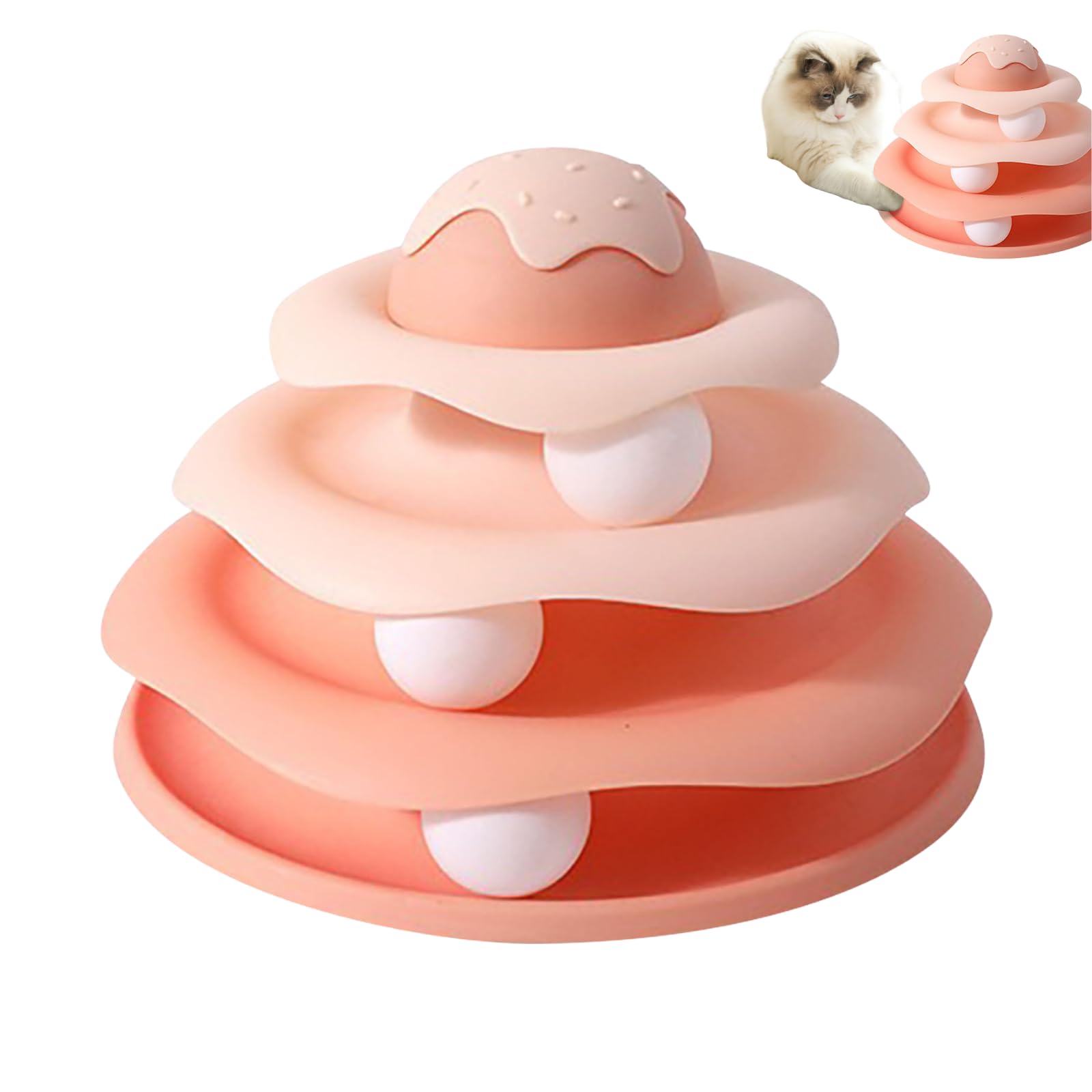 Cat Ball Track Toy - 3 Levels Turntable Ball Track Interactive Cat Toy for Indoor Cats, Ice Cream Structure Self Play Fun Roller with White Rotating Ball Puzzle Exercise Kitten Toys (Pink)