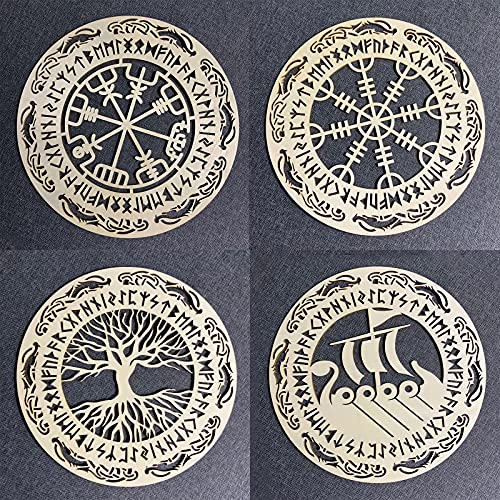 Image of Tucocoo 4 Pieces Viking Wooden Wall Decor Tree of Life Wall Art Nordic Viking Runes Amulet Wall Decor Wooden Viking Warship Home Decor Can Be Graffiti, Ready to Hang Living Room Decor-12''x12''x0.2''
