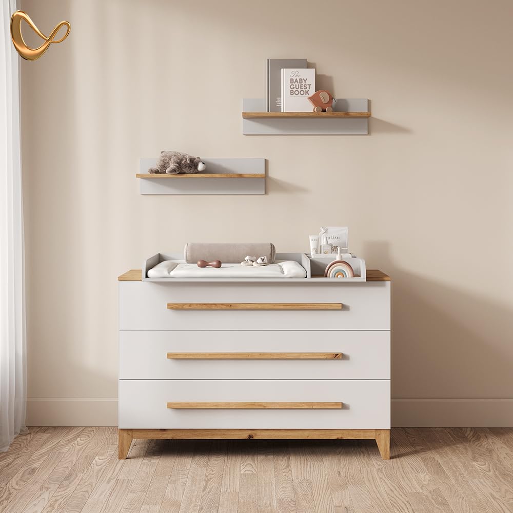 Livinity Wickelkommode Mailo, Weiß/Artisan, XL mit 3 Schubladenfür stilvolle Aufbewahrung mit viel Platz