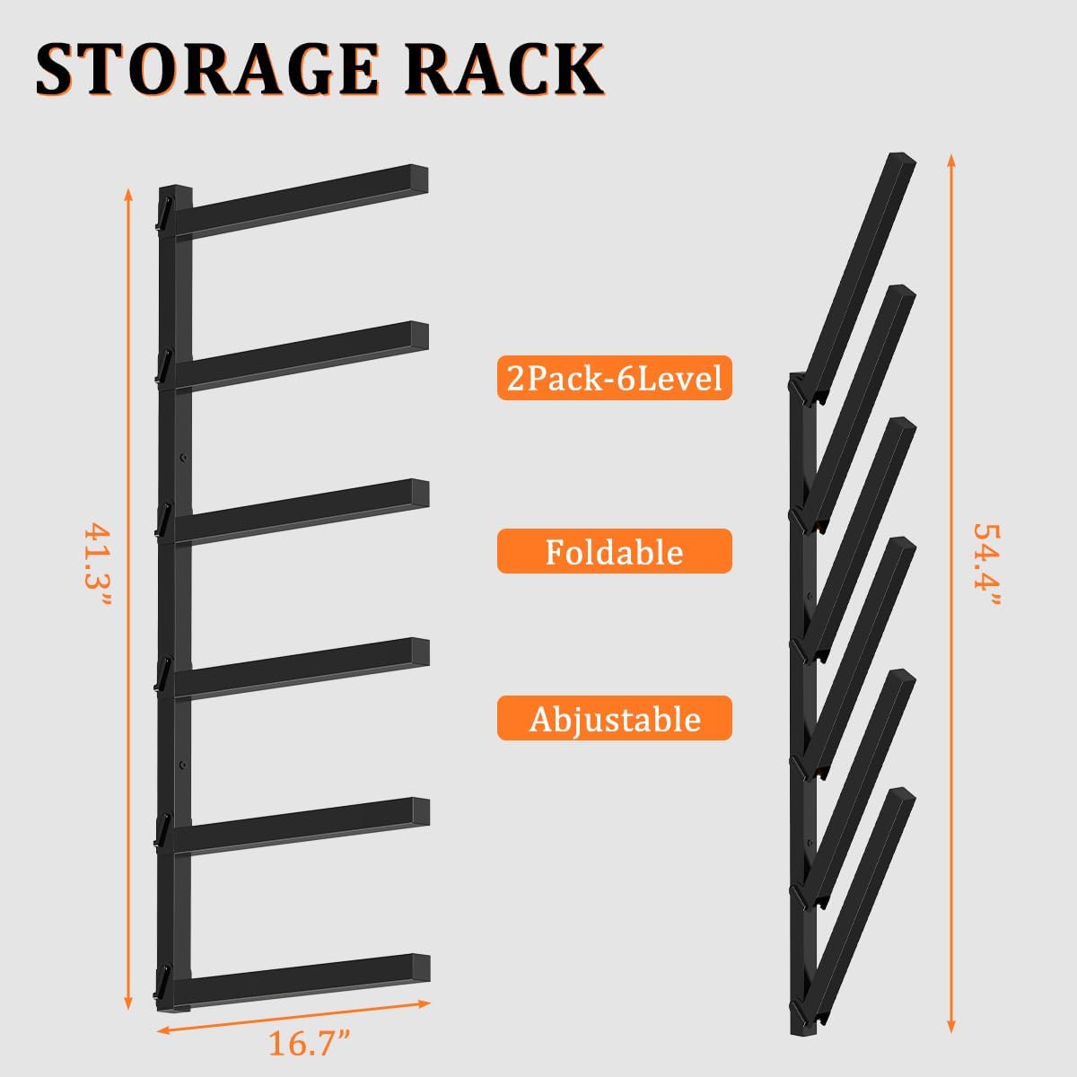 Tuenort 6-Level Lumber Rack, Wall Mount Wood Organizer and Lumber Storage Rack, Wall Storage Rack for Garage Indoor & Outdoor, Black