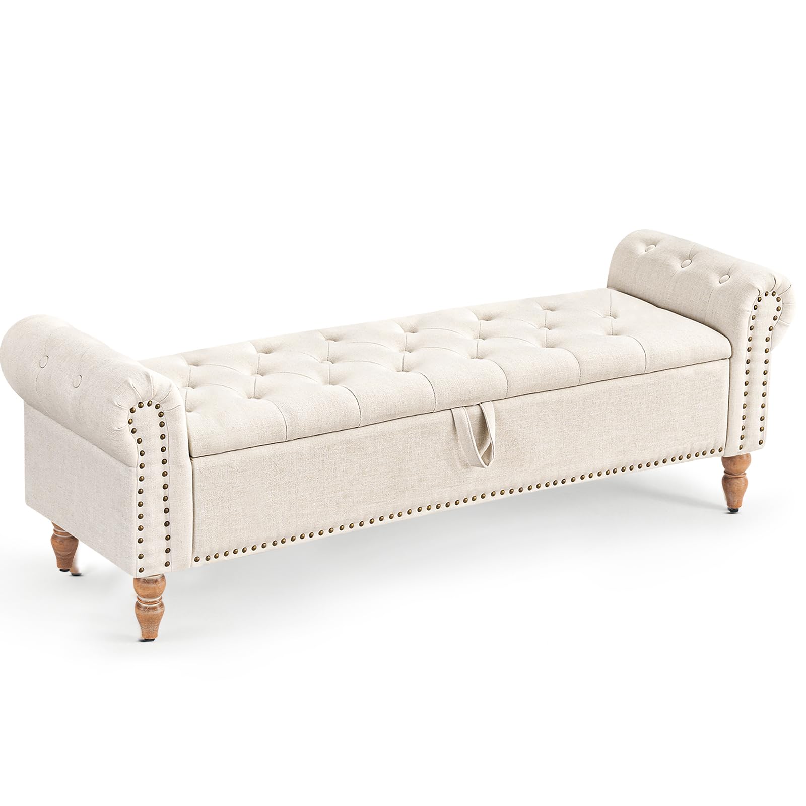 Ckaff Storage Ottoman Bench, Linen Benches End of Bed Bench with Solid Wood Legs Upholstered Ottoman Bench with Storage Indoor Bench for Living Room with Rolled Arm, Entryway, Beige, 160CM