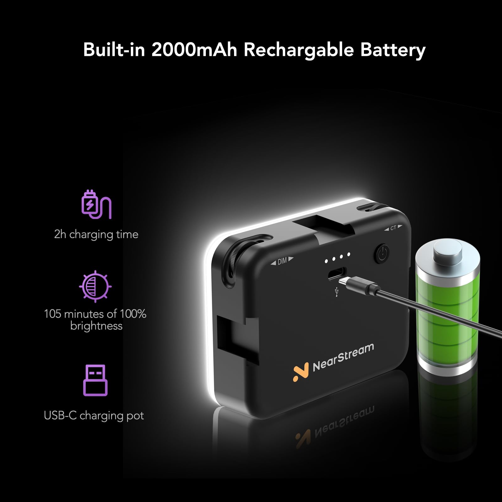 NearStream LED Streaming Light con Soporte Ajustable, 2000mAh Recargable CRI 95+, 2700-6500K Lámpara de Panel regulableLuz LED portátil y Ligera para Vloggers