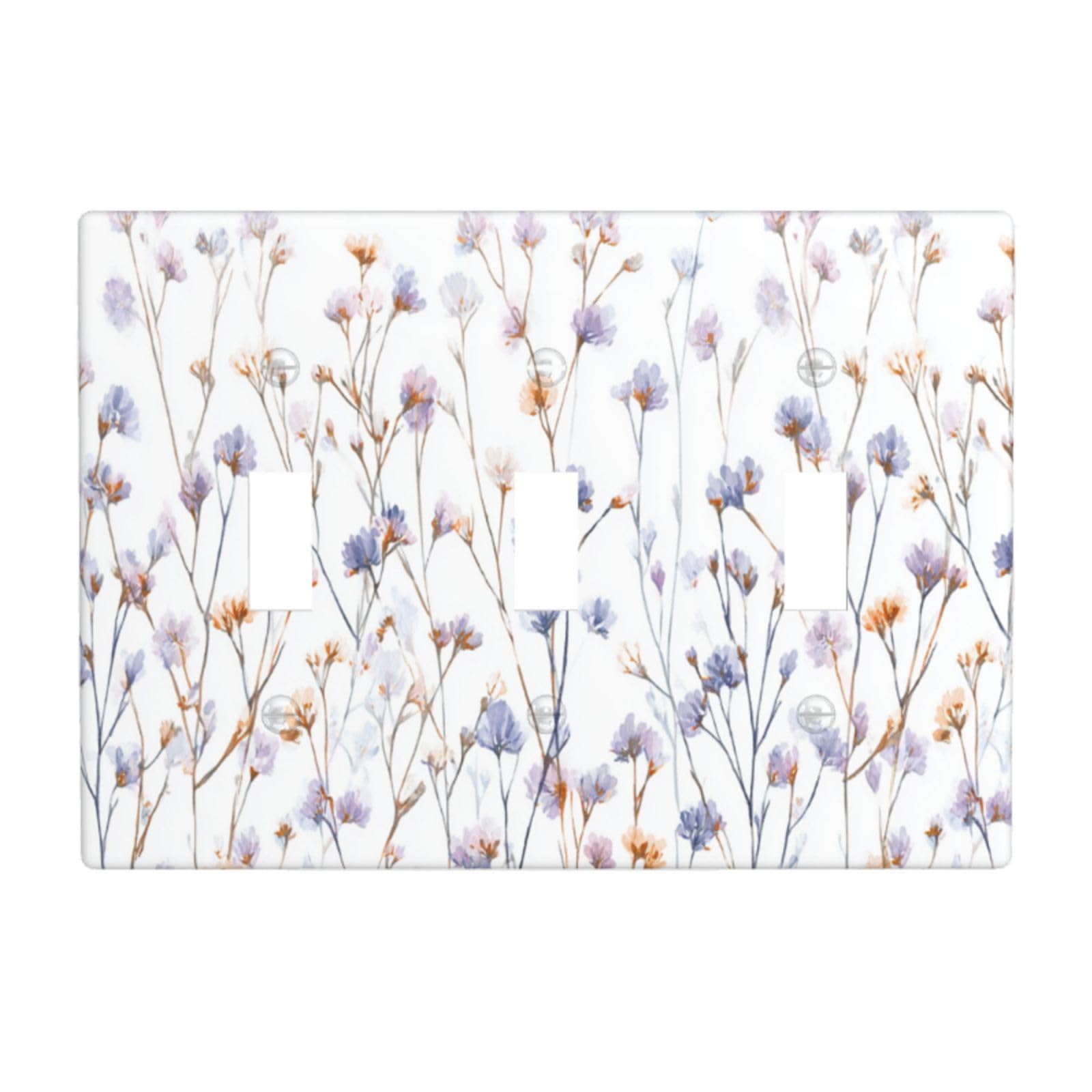 Watercolor Soft Pastel Tiny Wildflowers Minimalistic Light Switch Covers 3 Gang Triple Toggle Wall Plate Switchplate Electrical Faceplate for Bathroom Kitchen Bedroom Decor