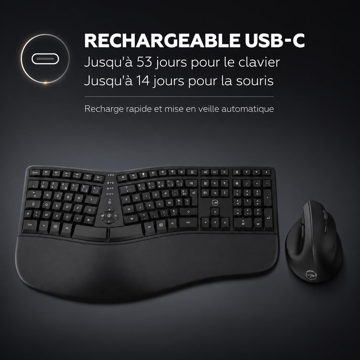 Mobility Lab Ergo C30W Combo Clavier + Souris Sans Fil Ergonomique - Inclinaison Ajustable, DPI Réglables - Repose-Poignets Mémoire de Forme - AZERTY - Bureau, Maison, Gaming, Sans Câbles