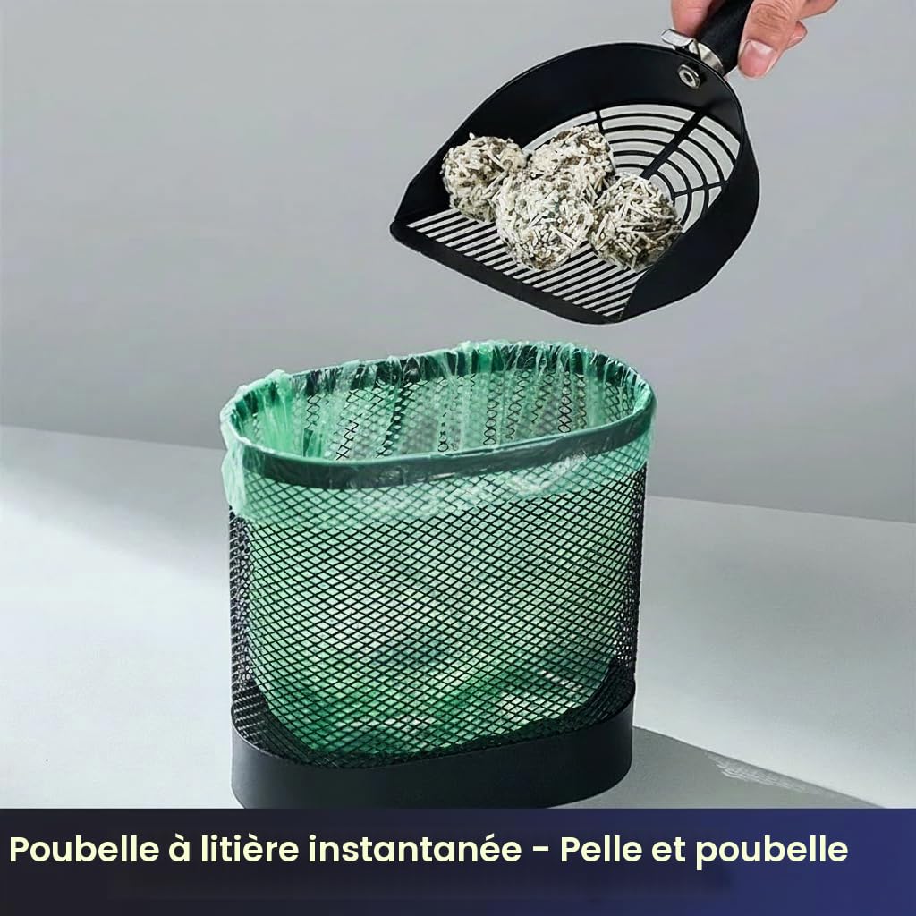 Pelle à Litière pour Chat en Métal avec Support, Set Pelle Litière Double Format, Panier de Rangement en Maille avec Distributeur de Sacs Caché, 3 Rouleaux Inclus, Facile à Nettoyer, Noir Antirouille