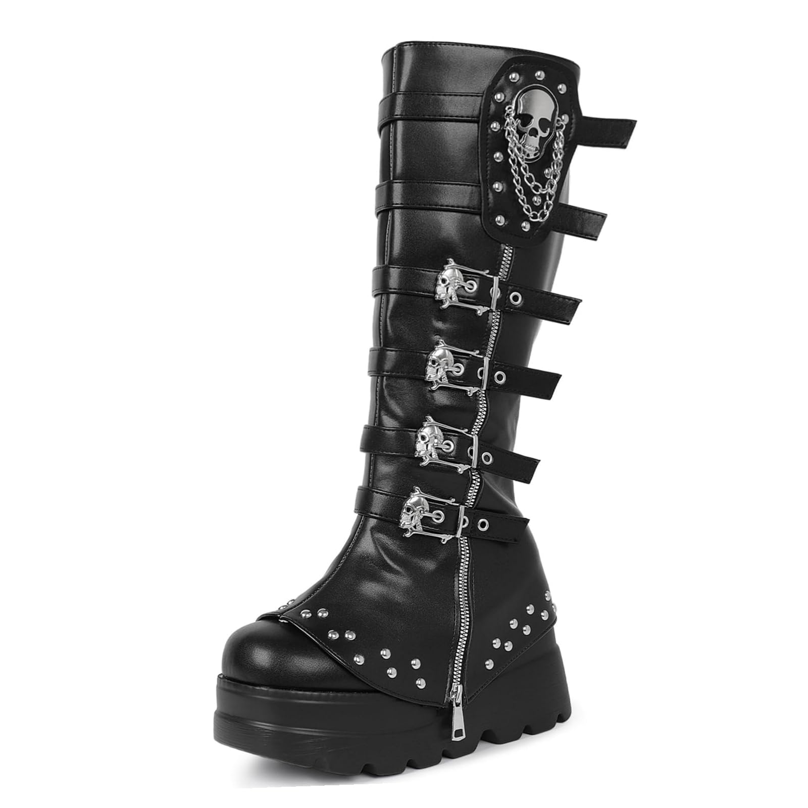 CSRZPMG Women's Knee High Wedge Platform Boots Round Toe Punk Goth Mid Calf Motorcycle Combat Boot Metal Buckle Chunky Heel Boots