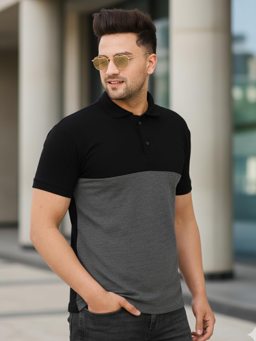 Men Colorblock Black & Grey Polo T-Shirt Material Matty