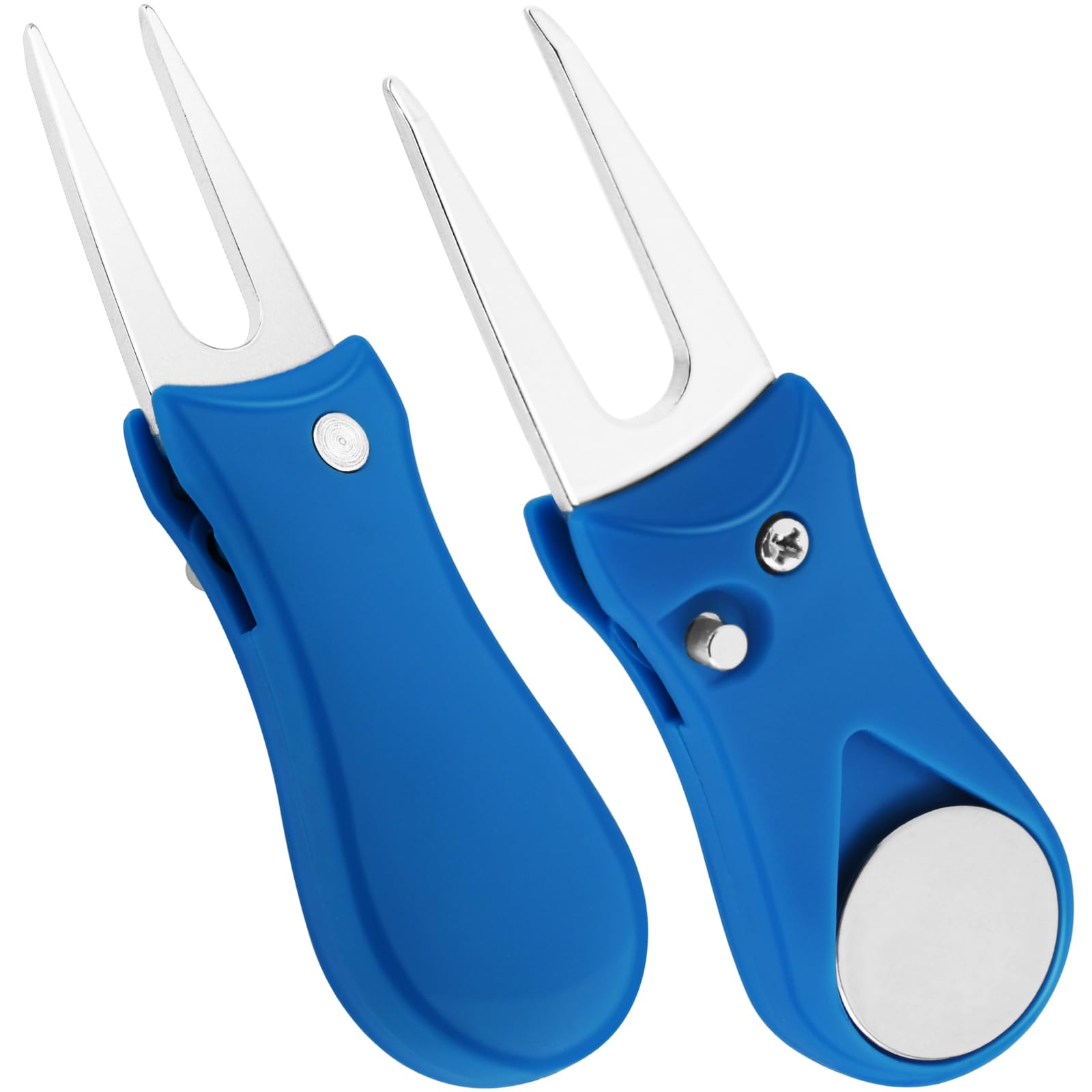 Herramienta plegable de divot de golf, paquete de 2 herramientas de reparación de acero inoxidable con botón desplegable y marcador de bola magnético para hombres y mujeres golfistas (azul)