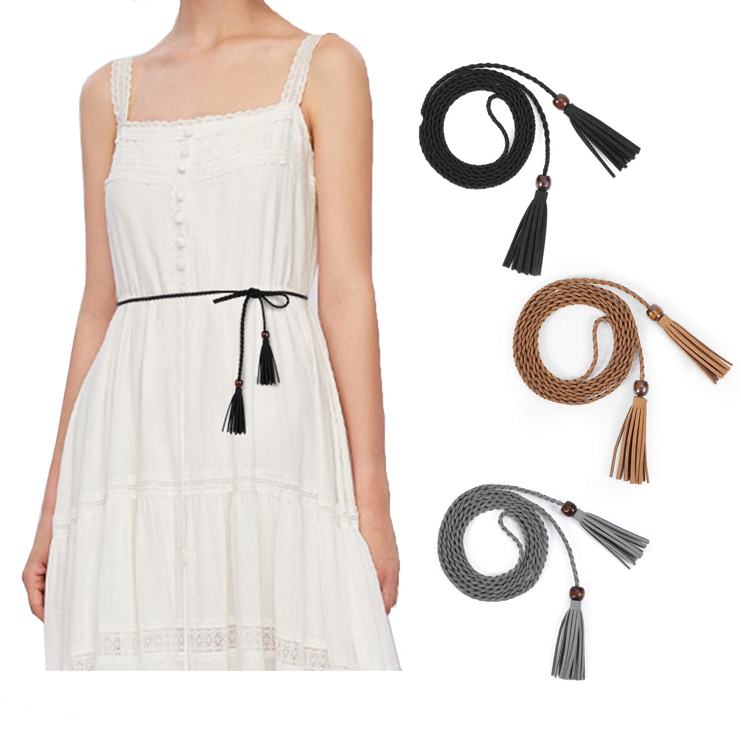 Women Wide Waist Belt, Straw Woven Elastic Stretch Waist Belt for Dress, Wide Waist Belts Fashion Boho Braided Skinny Dress Belt with Buckle for Women Girls 4PCS