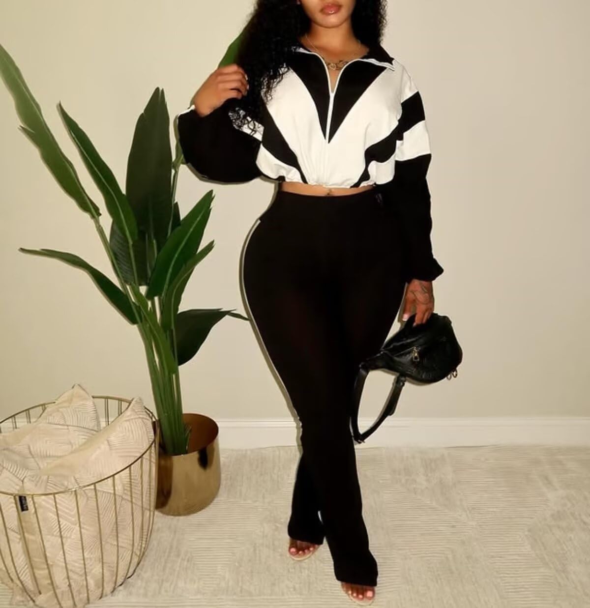 Remelon Womens 2 Piece Sweatsuits Color Block Long Sleeve Zipper Cropped Jacket Legging Pants Set Tracksuit Jogger Outfits - Image 2