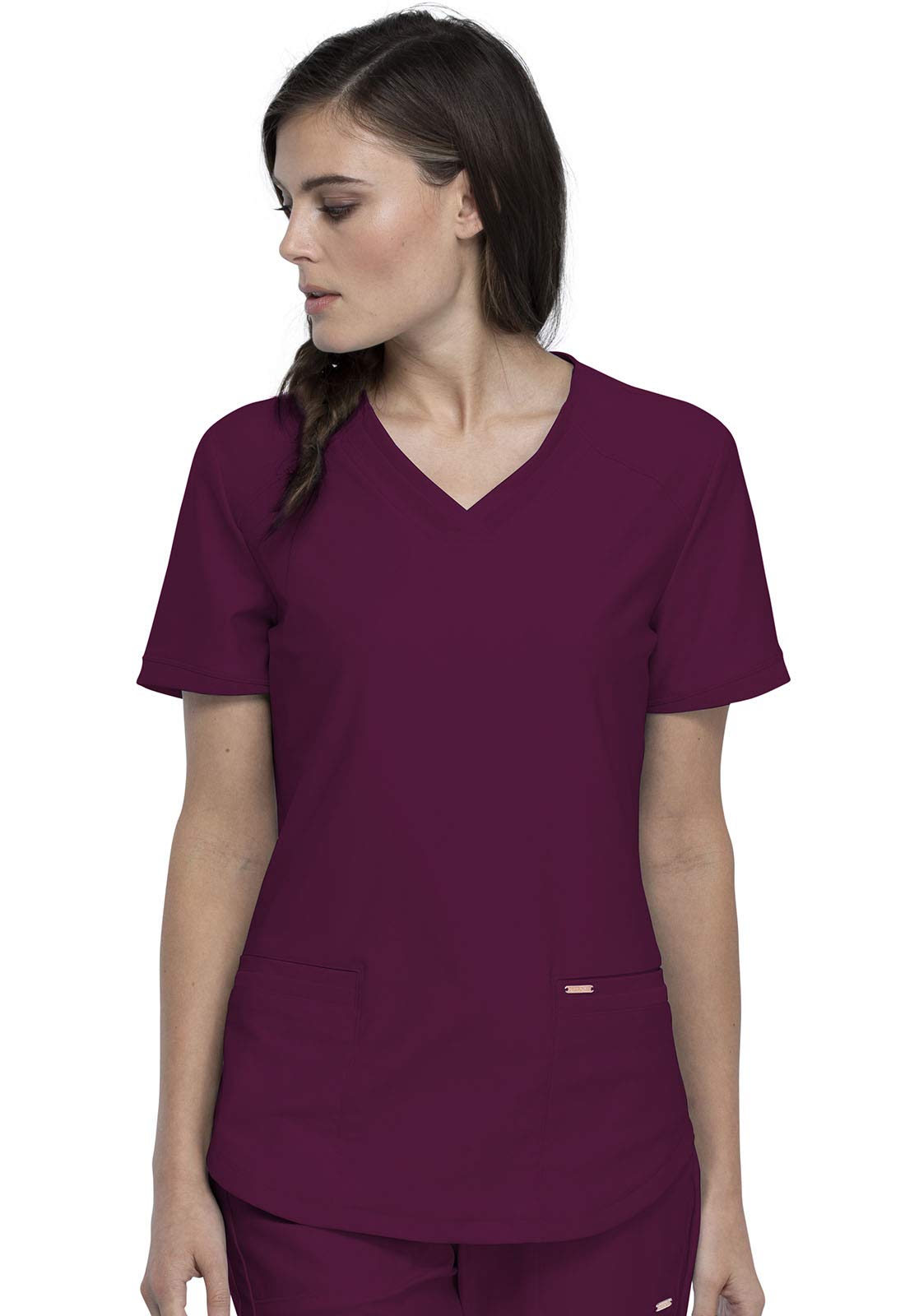 Cherokee CK095 - Conjunto de ropa quirúrgica para mujer, 7 bolsillos, cuello en V, dobladillo curvado CK840 y pantalón de pierna cónica de tiro medio con cordón