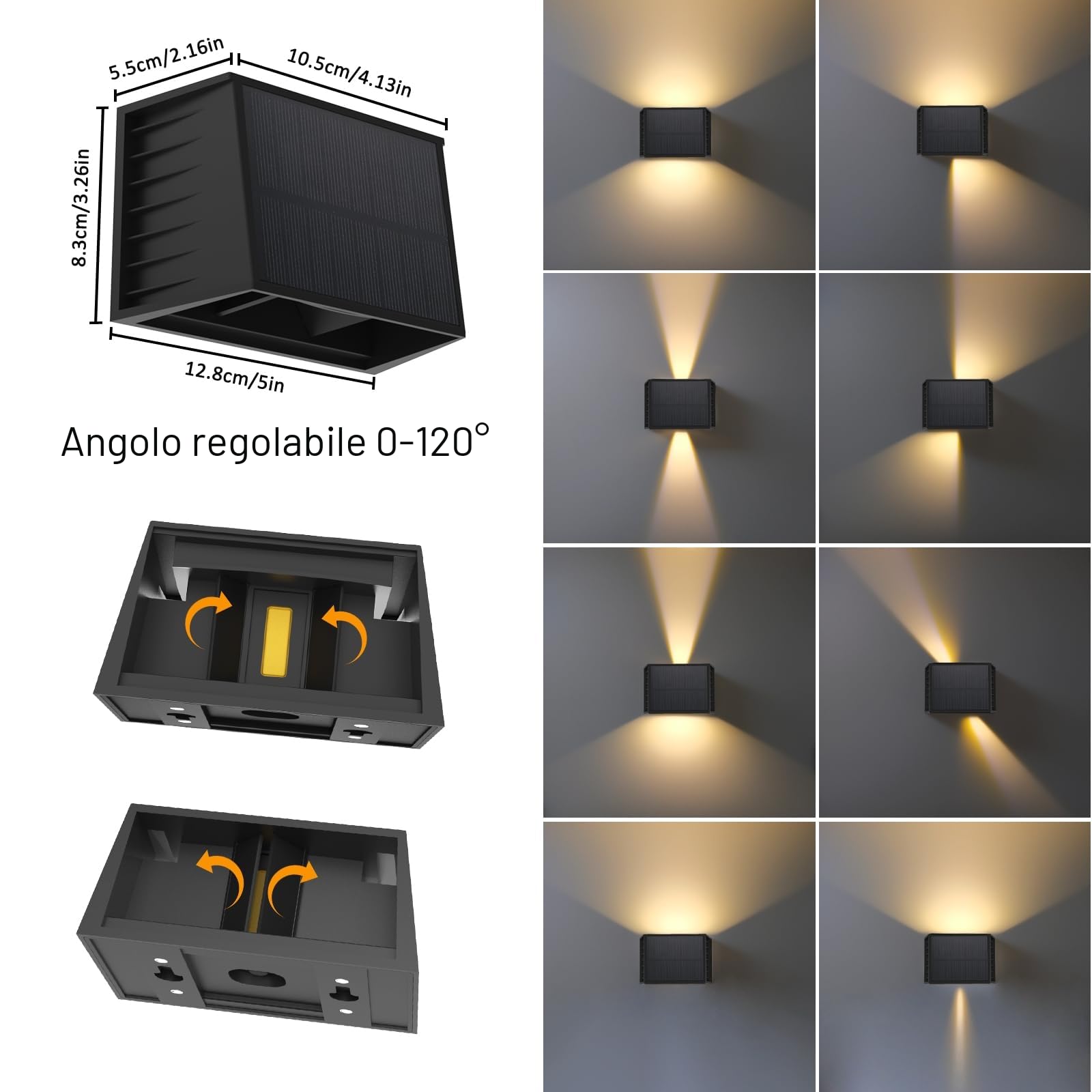 T-SUN 4 Pezzi Lampada da Parete Solare, Lampade Solari Regolabile, 3000K Luce Solare, IP65 Impermeabile, LED Lampada da Parete Esterna per Recinzione da Giardino a Parete