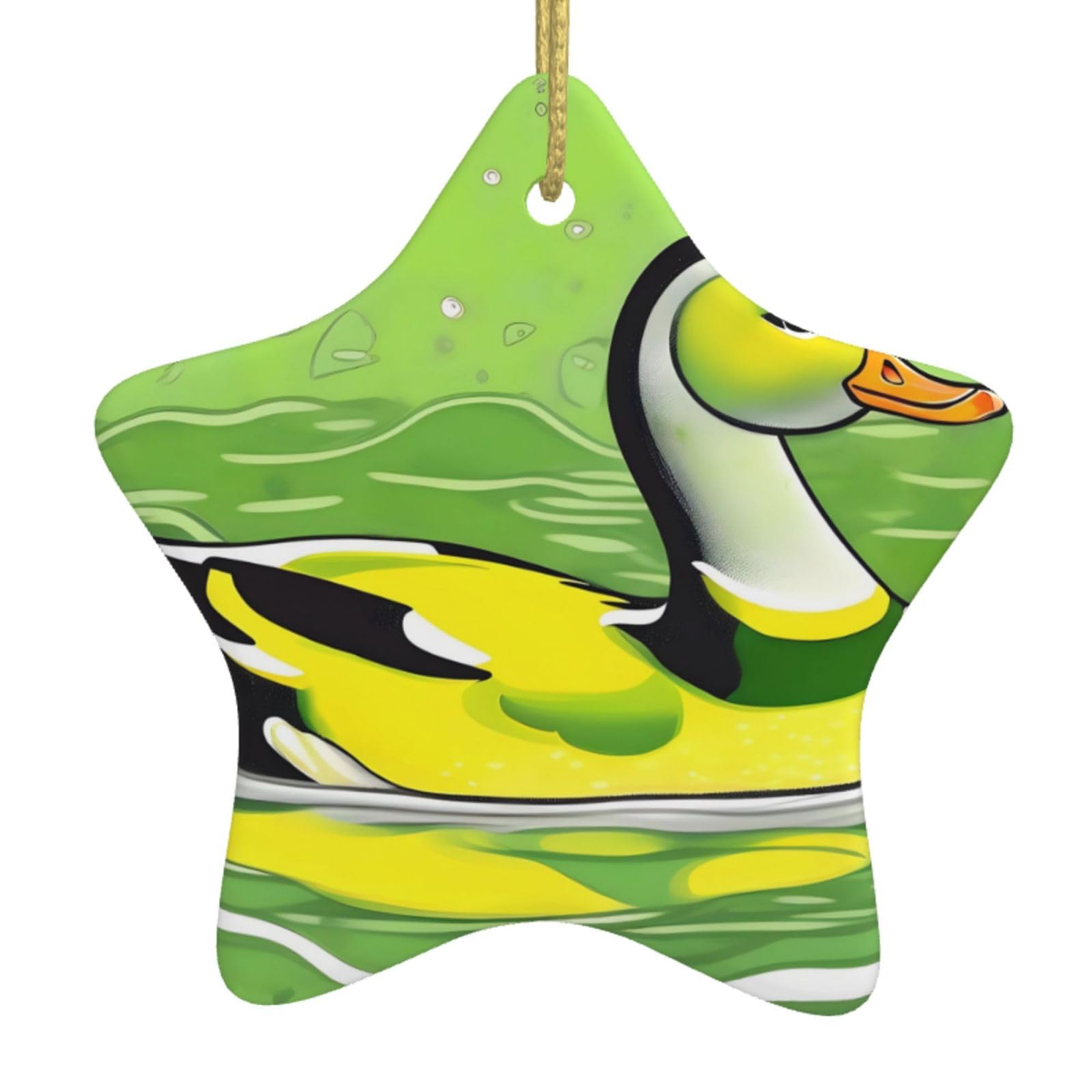 Green Duck Christmas Ceramic Star Pendant with Punched Holes and Gold Wire Rope, Christmas Tree Home Decoration
