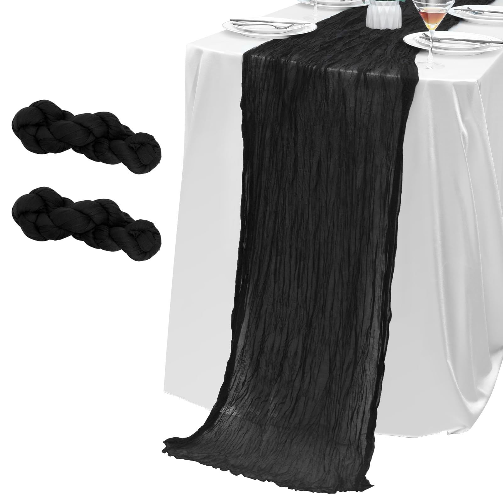 Photo 1 of 2 Pack Black Cheesecloth Table Runner 10FT Boho Gauze Fabric Table Runner Vintage Rustic Sheer Runners for Wedding Party Bridal Baby Shower Birthday Holiday Home Decor